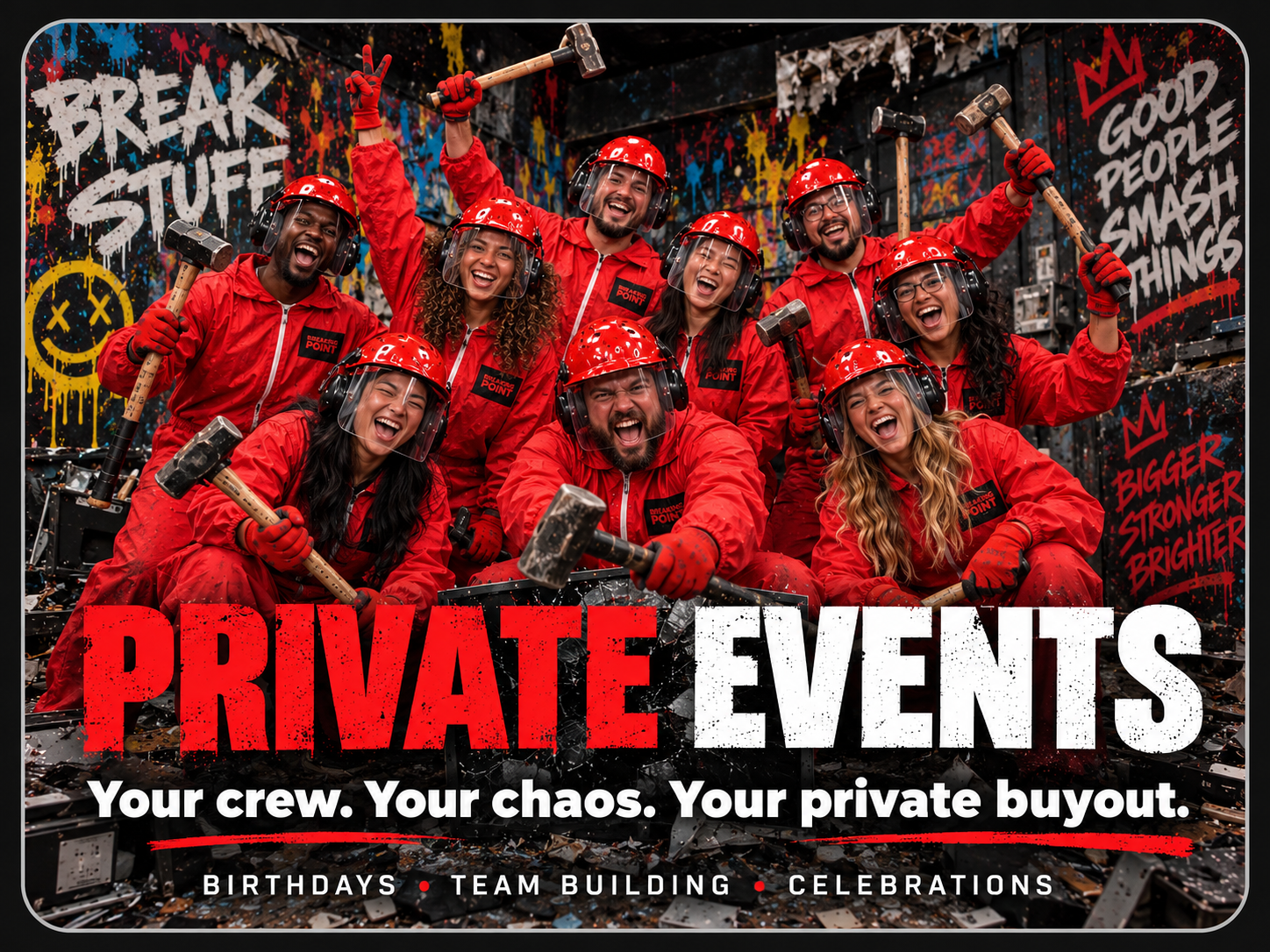 A group of people in red smash suits at a private event at Breaking Point Rage Room.