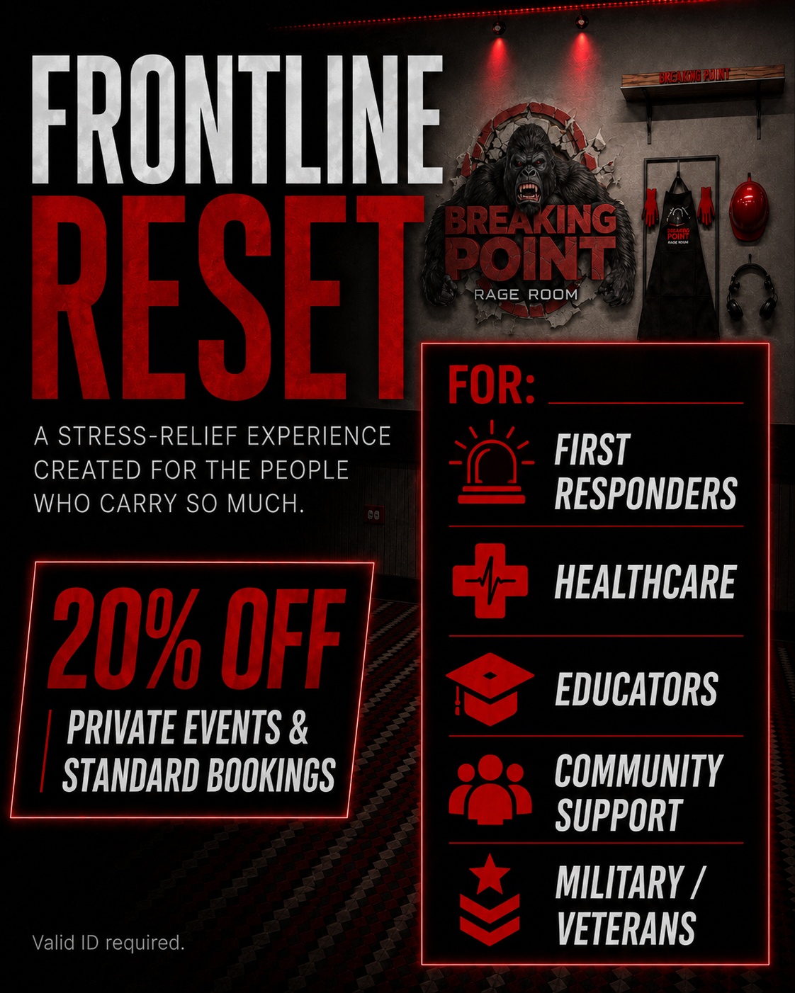 Flyer highlighting the frontline reset offer at Breaking Point Rage Room.  Bold white and Red text.