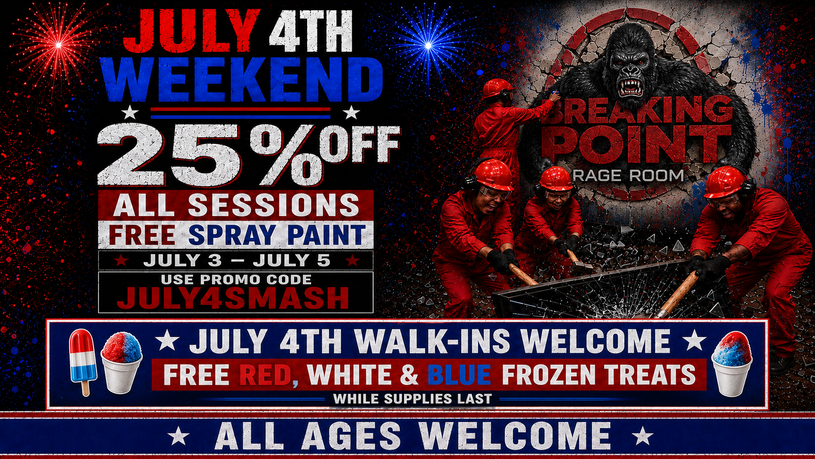 a family of four in a smash room smashing a flat screen TV and spray painting the breaking point logo on a wall