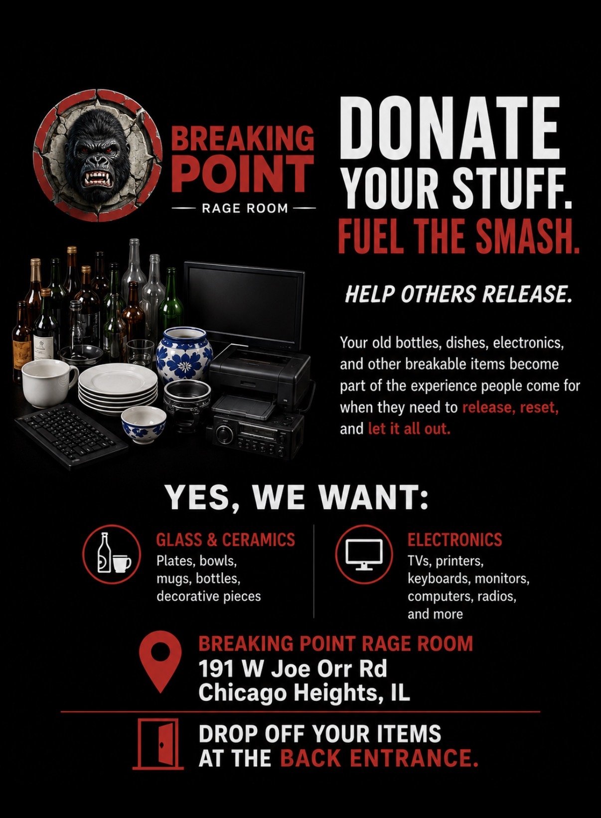 image of items to donate to breaking point rage room.  Contains old electronics, dishes, and glassware