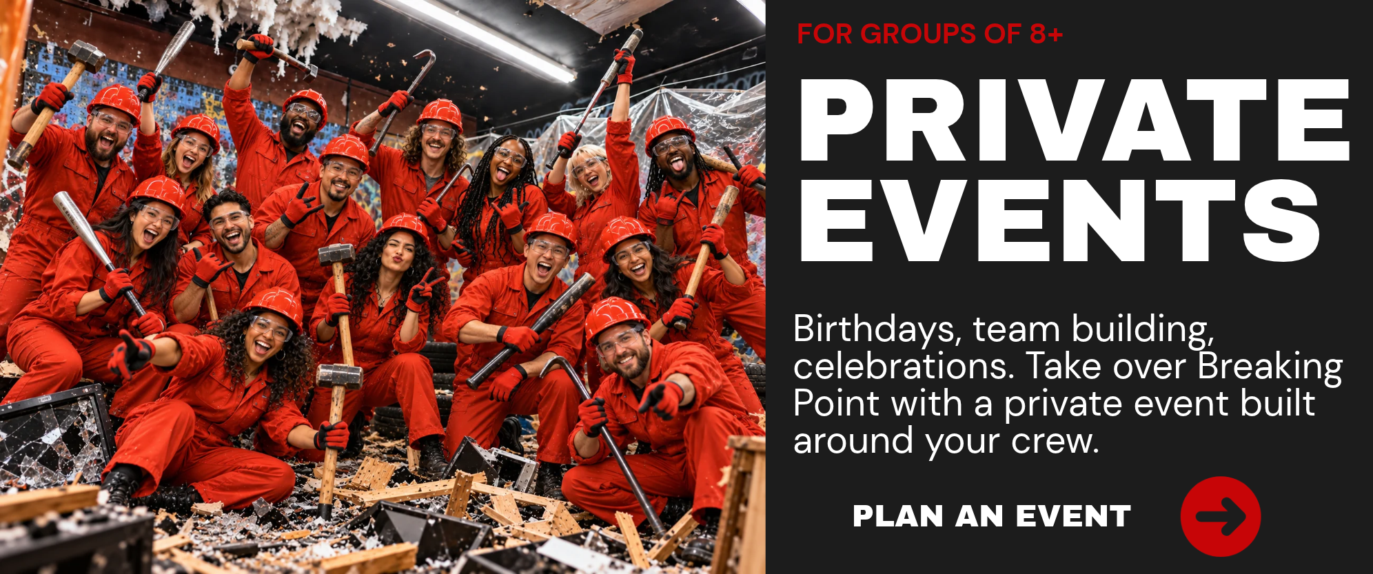 a group of people in red smash suits and protective gear posing in a rage room with a smash tools and a TV