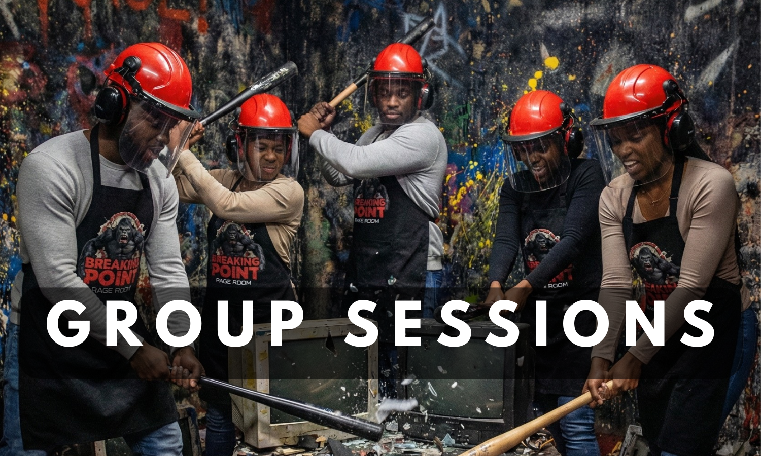 Group of friends wearing safety gear smashing a TV and electronics with bats during a group rage room session at Breaking Point Rage Room