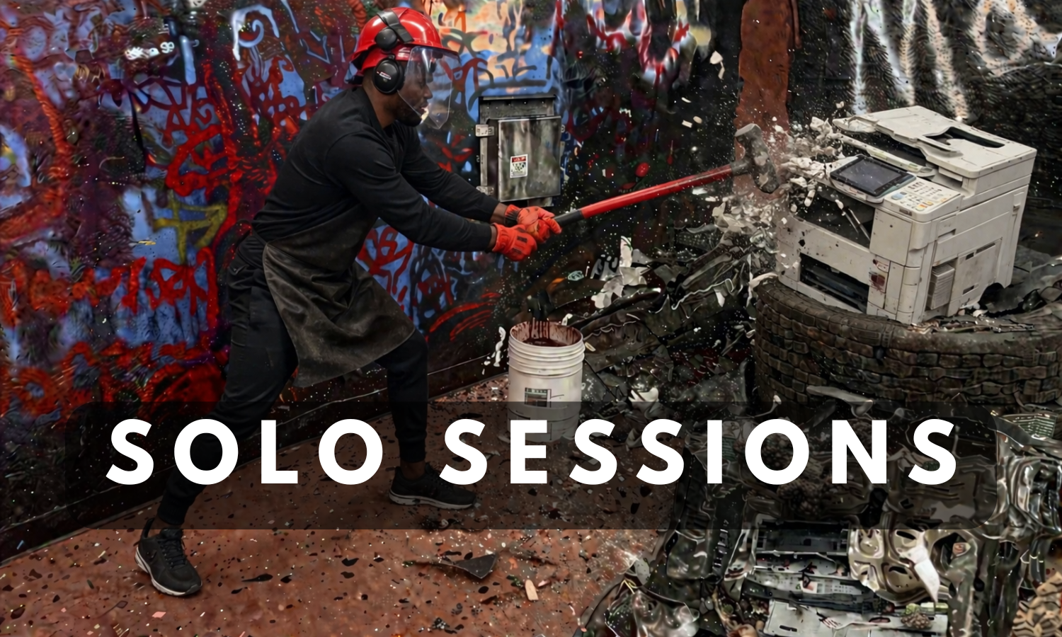 Man releasing stress by smashing a computer monitor with a baseball bat during a solo rage room session Breaking Point Rage Room