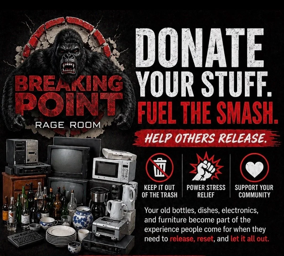 image of items to donate to breaking point rage room.  Contains old electronics, dishes, glassware, and small furniture