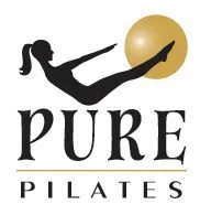 Silhouette of a woman doing a pilates move on a yellow exercise ball, with the text 'PURE PILATES' below.