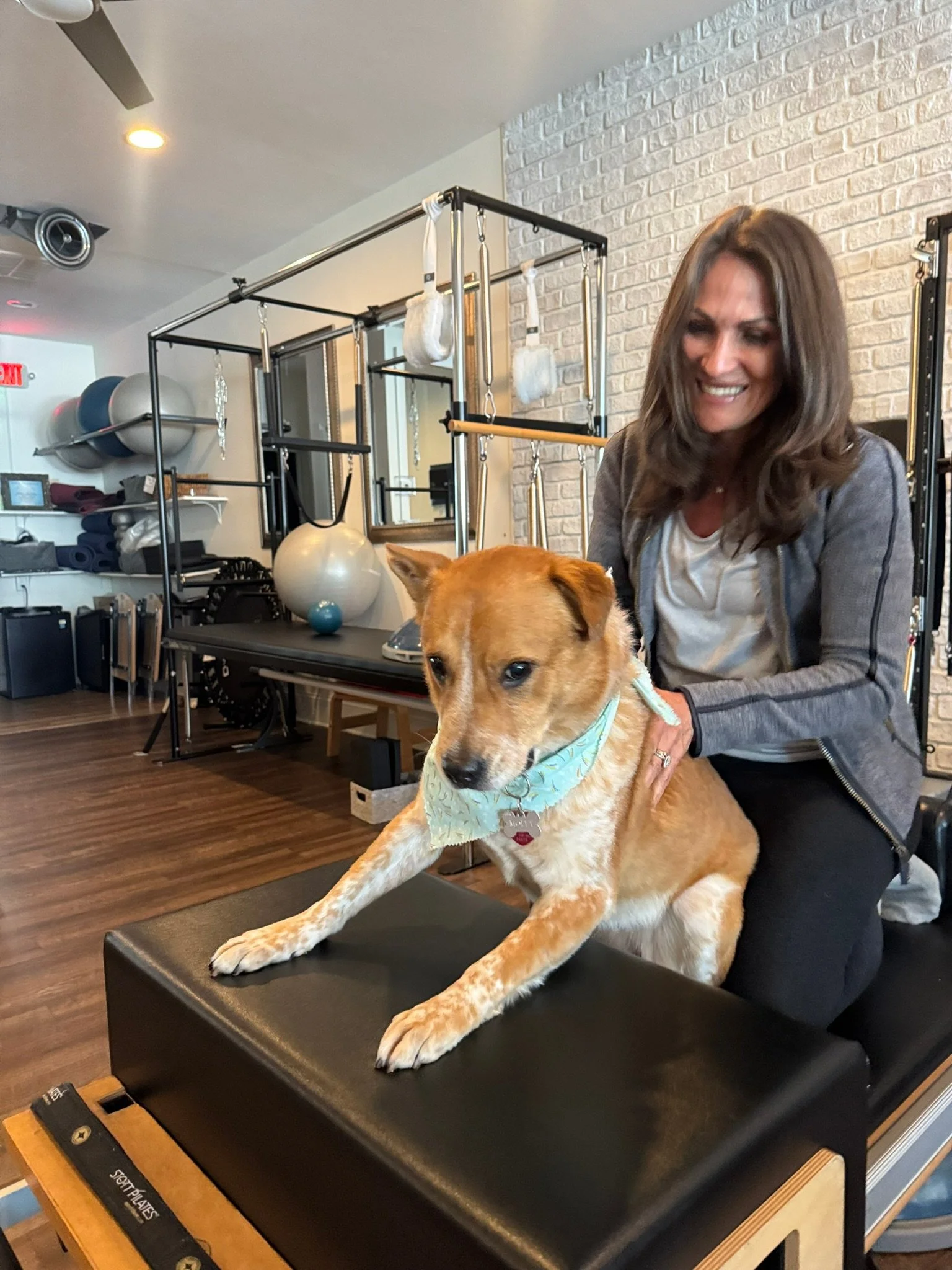 A woman with brown hair smiling while holding a golden retriever puppy wearing a bandana, in a fitness or rehabilitation center with exercise equipment and a brick wall in the background.