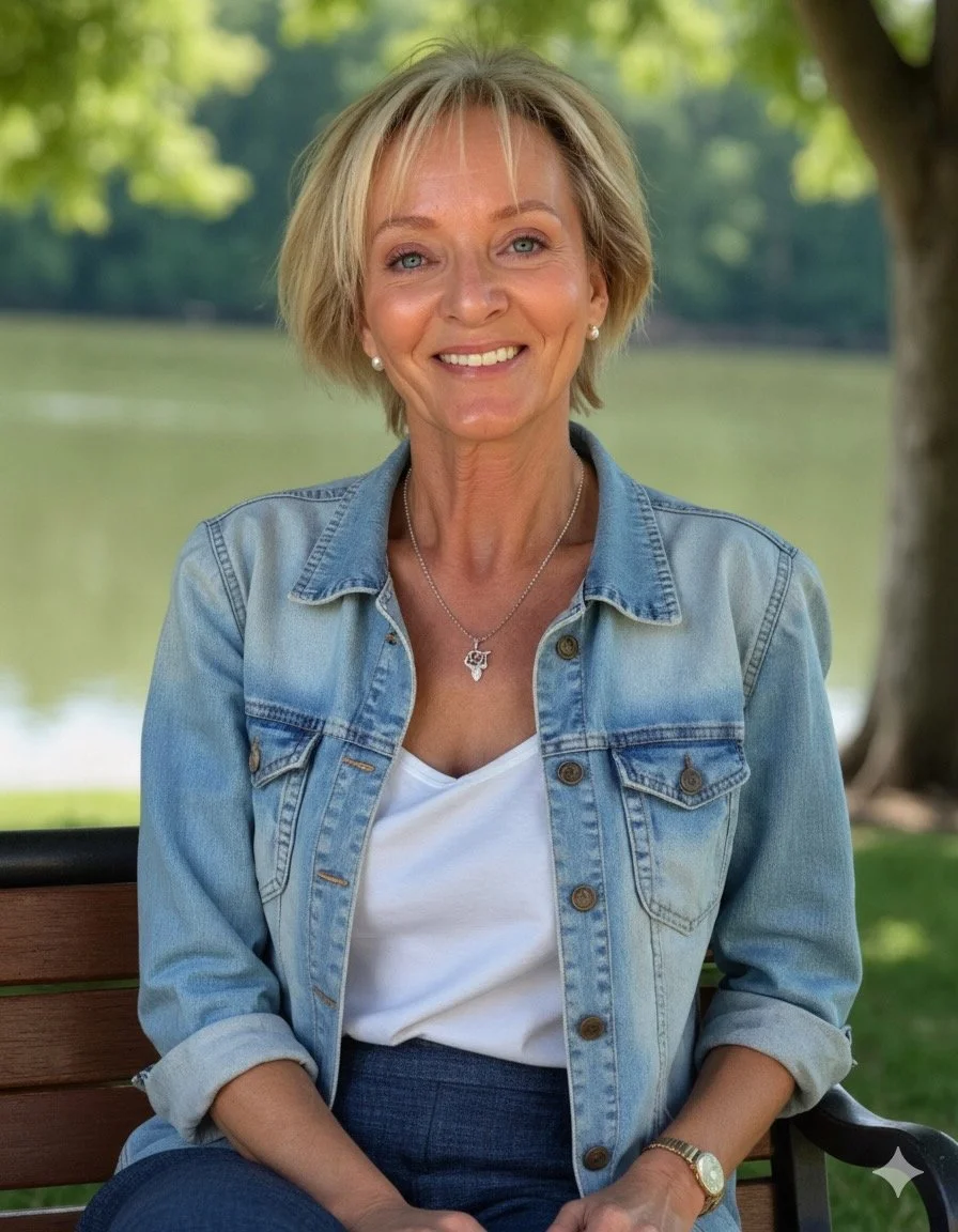 A woman with blonde hair sitting on a park bench near a lake, smiling, wearing a denim jacket, white shirt, and jewelry.
