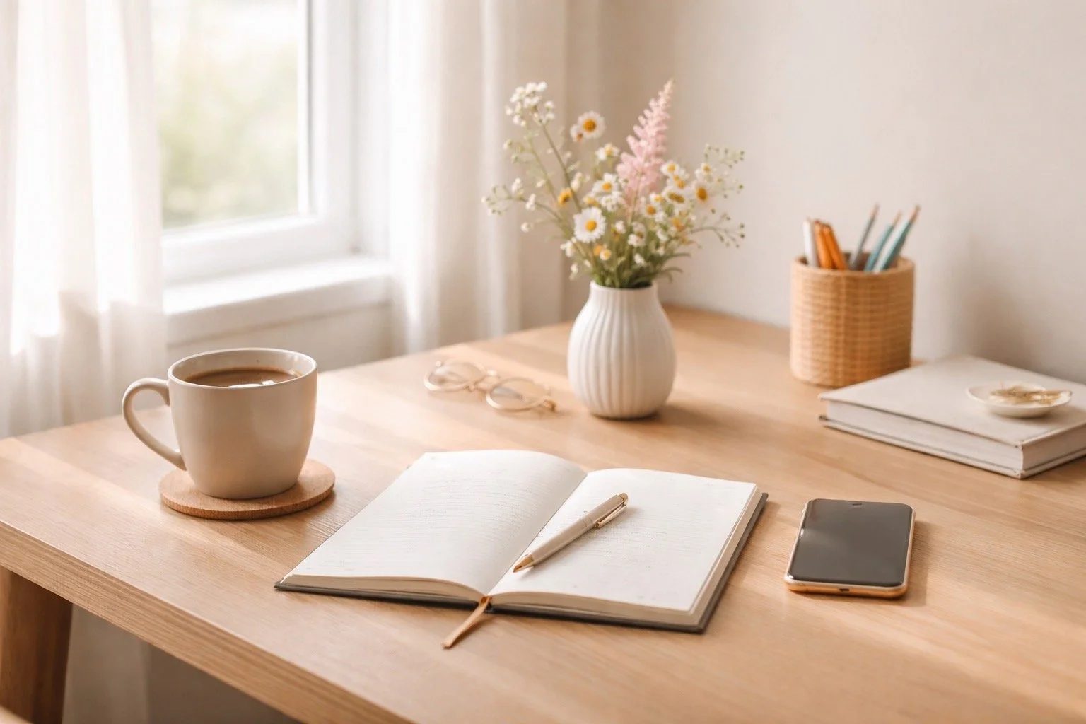 A tidy wooden desk with a white cup of coffee on a coaster, an open lined notebook with a pen, a smartphone, a vase with flowers, a closed book, and a pencil holder near a window with sheer curtains.