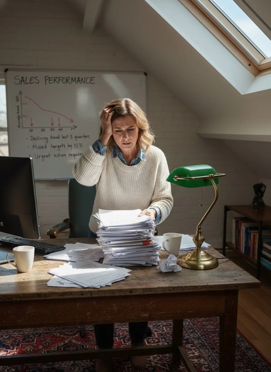 Frustrated woman looking at a large pile of documents on her cluttered wooden desk in an attic office, with a whiteboard showing declining sales performance in the background and a skylight window above.