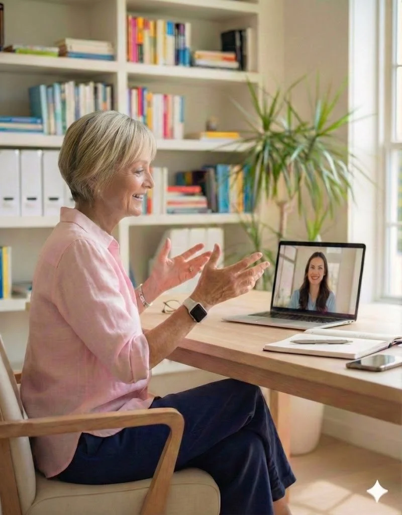 An elderly woman with short gray hair sitting at a wooden desk, engaging in a video call with a young woman on a laptop. The room has a large window, a bookshelf with colorful books, and a tall green plant.