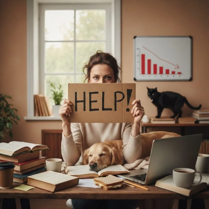 A woman holding a sign that says 'HELP!' sitting at a cluttered desk with books, mugs, a laptop, and a sleeping dog. A black cat is on a shelf in the background, with a downward trending bar graph on a whiteboard on the wall.
