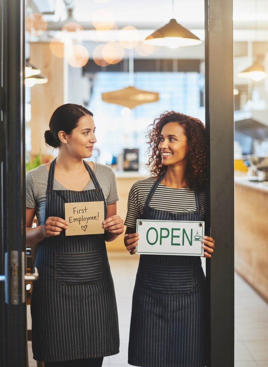 Two women wearing aprons standing at the entrance of a cafe, holding signs that say "First Employee!" and "OPEN". They are smiling and appear happy.