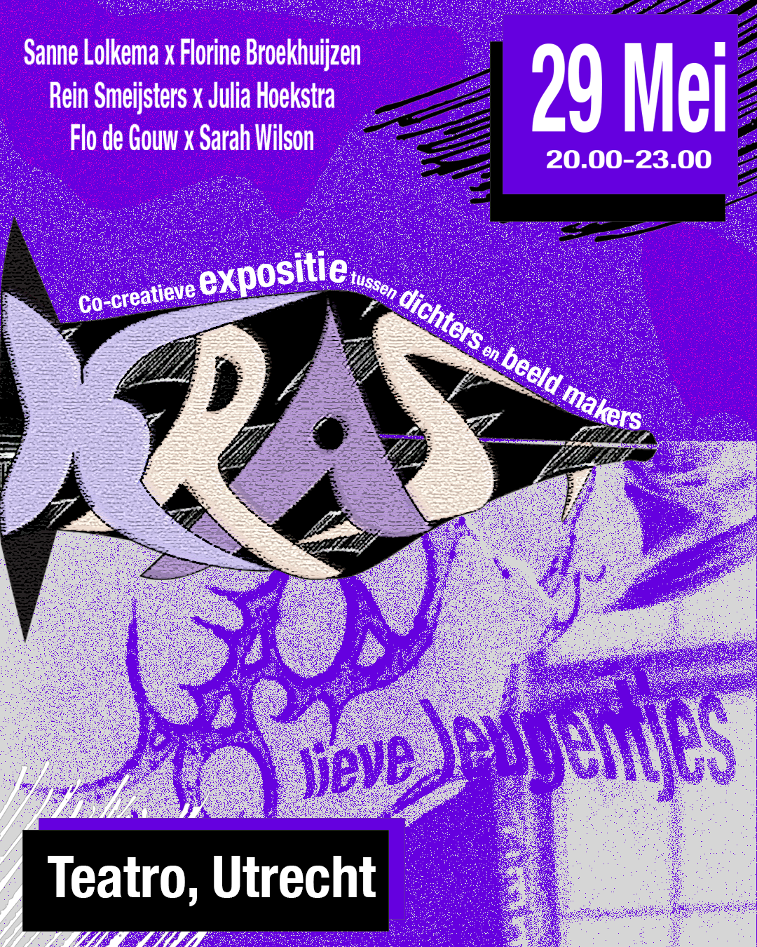 Event poster for 'Kras', a co-creative expositie featuring multiple artists and beeld makers, scheduled on May 29th from 8 PM to 11 PM at Teatro in Utrecht. The poster has a predominantly purple background with black and white text.