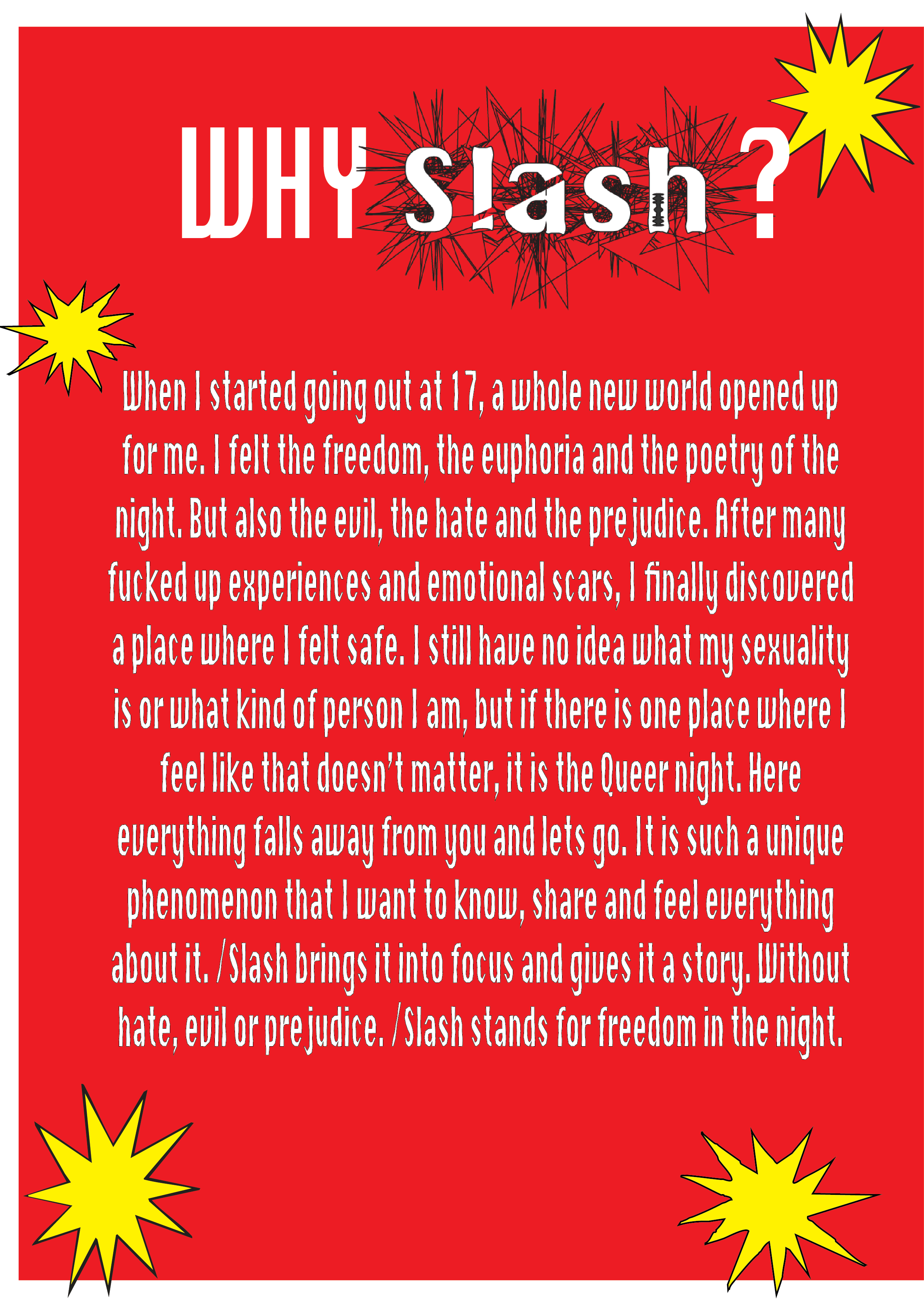 Red poster with yellow burst graphics and white text explaining the meaning of the word 'slash' and its significance to queer culture and freedom.