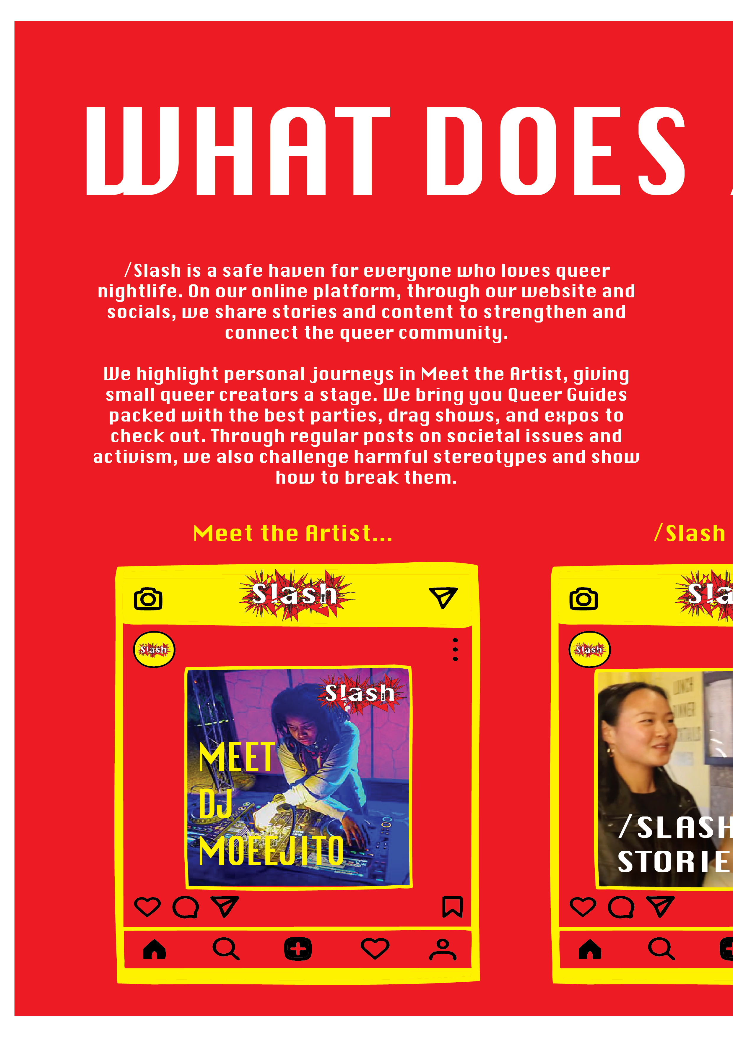 Red informational poster with white and yellow text explaining 'Slash' as a safe space for queer nightlife, highlighting personal journeys, events, and community engagement, including images of social media posts featuring a DJ and a woman.