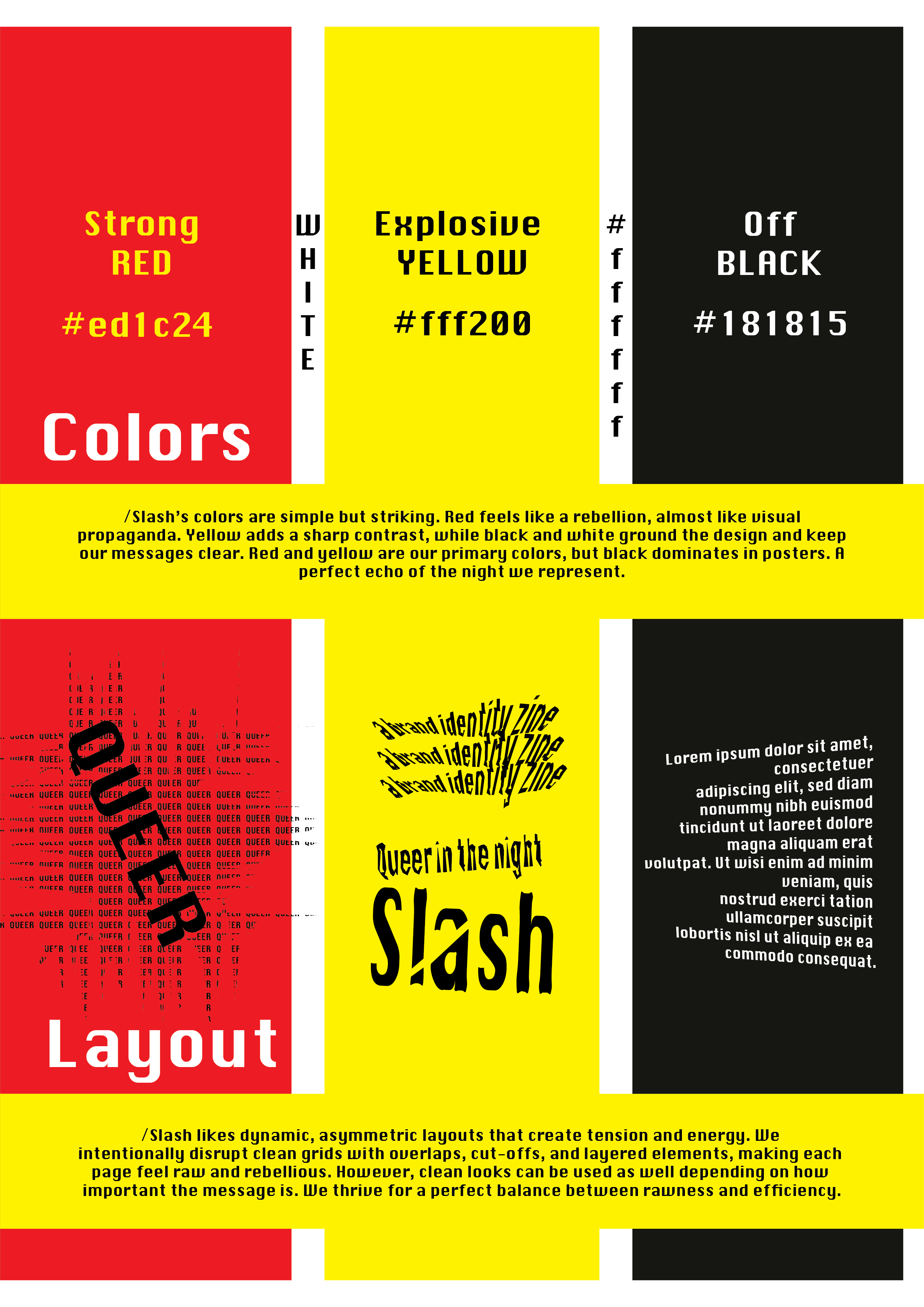 Color palette with red, yellow, and black sections labeled 'Strong Red,' 'Explosive Yellow,' and 'Off Black.' Contains text describing color symbolism, layout design principles, and sample text in stylized fonts.