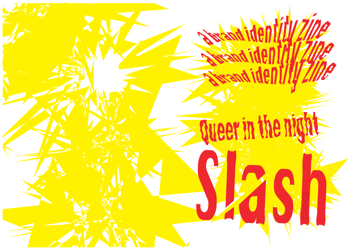 Abstract graphic with yellow and black jagged shapes and red distorted text that reads 'representation in the art and identity in the land and identity in the time and direct Queer in the night sash'.