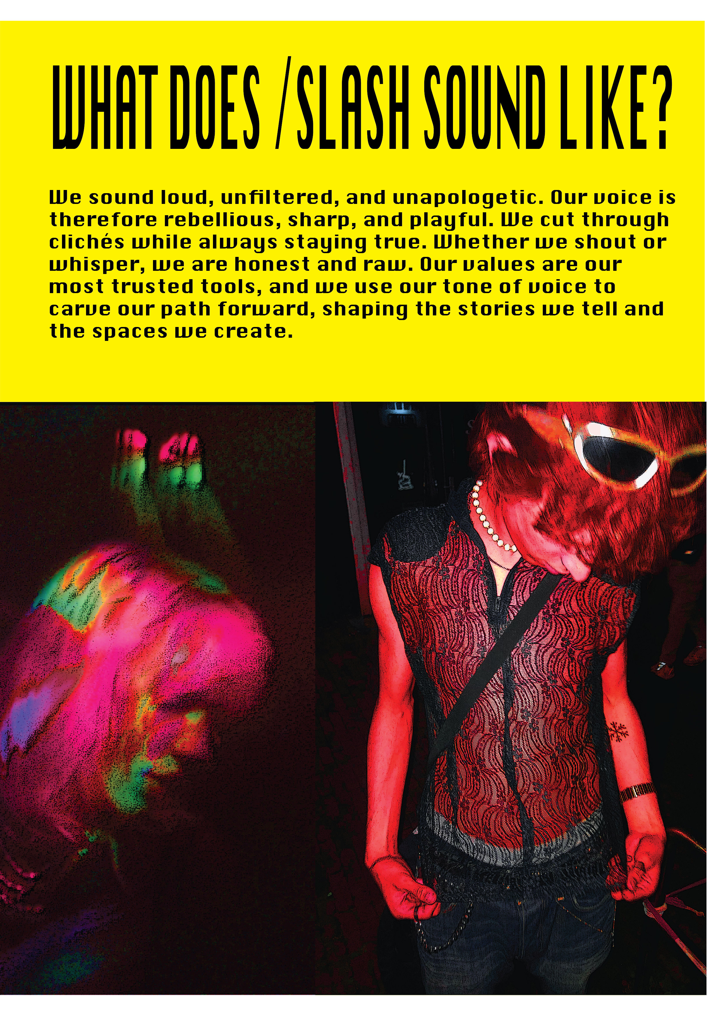 A woman with short red hair wearing sunglasses, a black lace top, and dark jeans, standing in a dark environment with red lighting. Adjacent to her is an abstract, colorful digital art image of a person's face with vibrant, swirling colors.