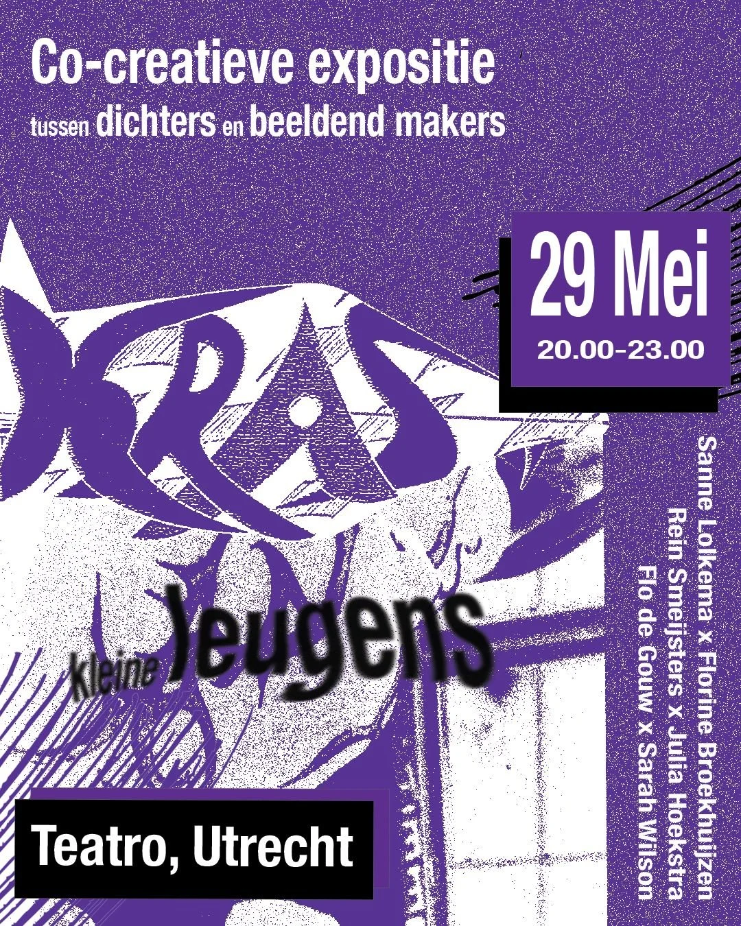 Event poster with purple background and white speckles, promoting a co-creative expositie between poets and visual artists in Utrecht on May 29 from 8 PM to 11 PM. The poster features an abstract, mountain-like graphic and text in Dutch, with details about the location at Teatro in Utrecht.