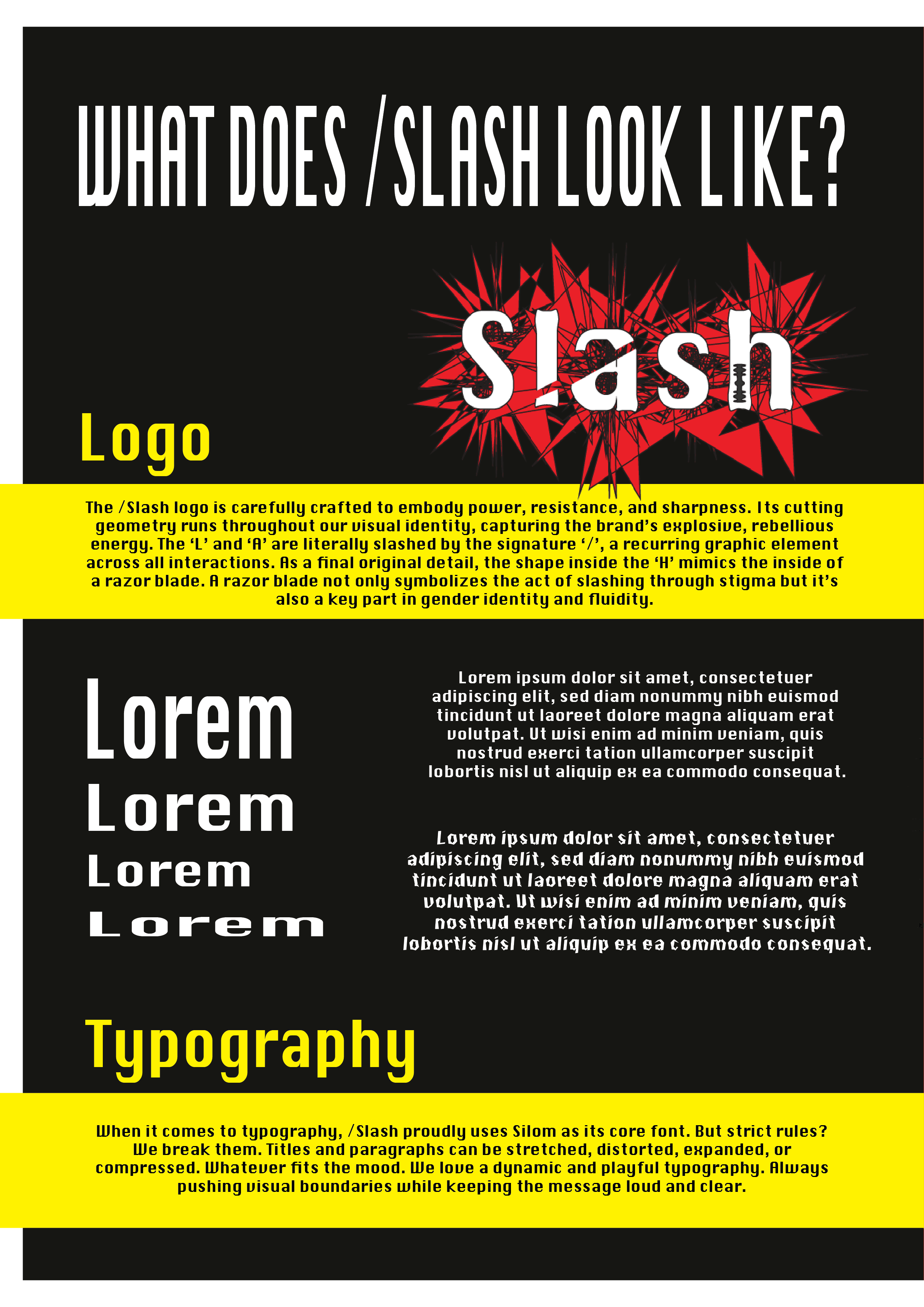 Graphic design poster explaining what slash looks like, featuring the word 'Slash' with spiked lines behind it, sections on logo, lorem text, and typography, with yellow highlights and black background.