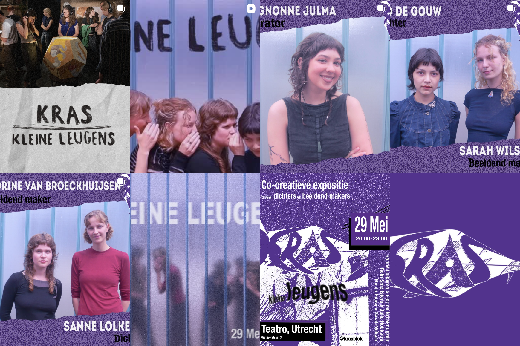 A collage of photos and posters promoting 'Kras' and 'Kleine Leugens,' a theatrical event at Teatro Utrecht on May 29th, featuring images of young women and text details about the event.