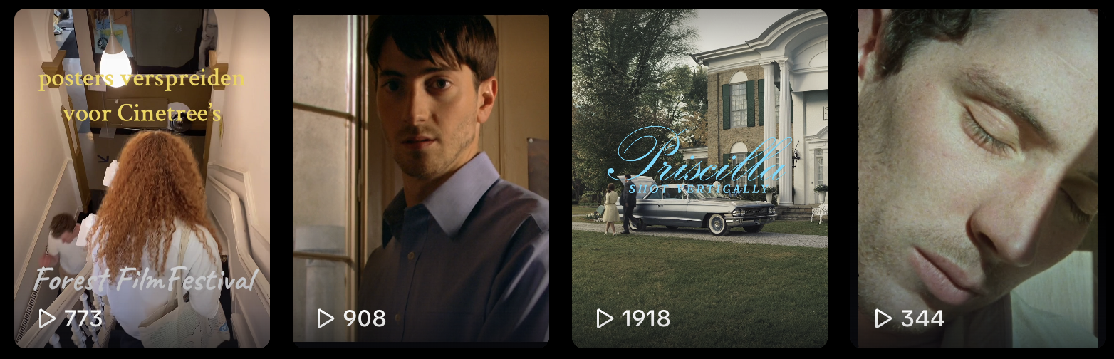 Thumbnail images from four different videos: First shows people looking at posters in a store with the text 'posters verspreiden voor Cinetree's'; second is a close-up of a man with dark hair wearing a blue shirt; third depicts a large white house with a tree and a vintage car in front, with the text 'Priscilla SHOOT VERTICALLY'; fourth is a close-up of a man's face with eyes closed.