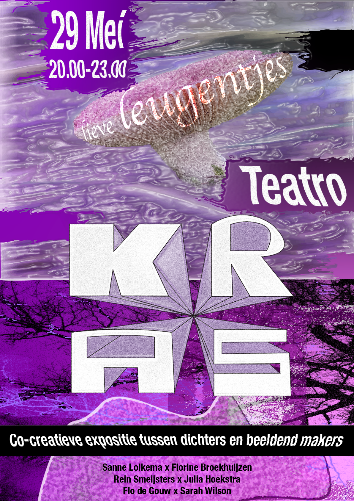 A purple-themed promotional poster for an event called 'TEATRO' featuring co-creative expressive poetry and visual artists. The date is May 29, with the time from 8:00 PM to 11:00 PM. The poster has abstract and silhouette images, including a whale with the words 'lere leugentes' on it and a background of trees and water with purple and black tones. The bottom includes a list of artists involved.