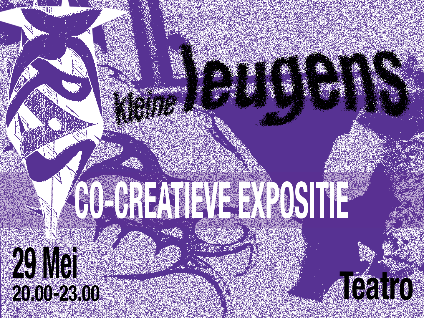 Event poster with purple background and abstract designs. Text includes 'Kras', 'Kleine Leugens', 'Co-Creatieve Expositie', '29 Mei', '20.00-23.00', and 'Teatro'.