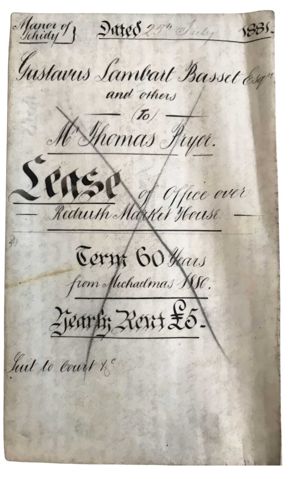 Historical document dated July 25, 1831, issued in Manorb of Sheldy, listing a lease of office over Redoubt Market House for 60 years from Michaelmas 1830, with a yearly rent of 5 pounds.