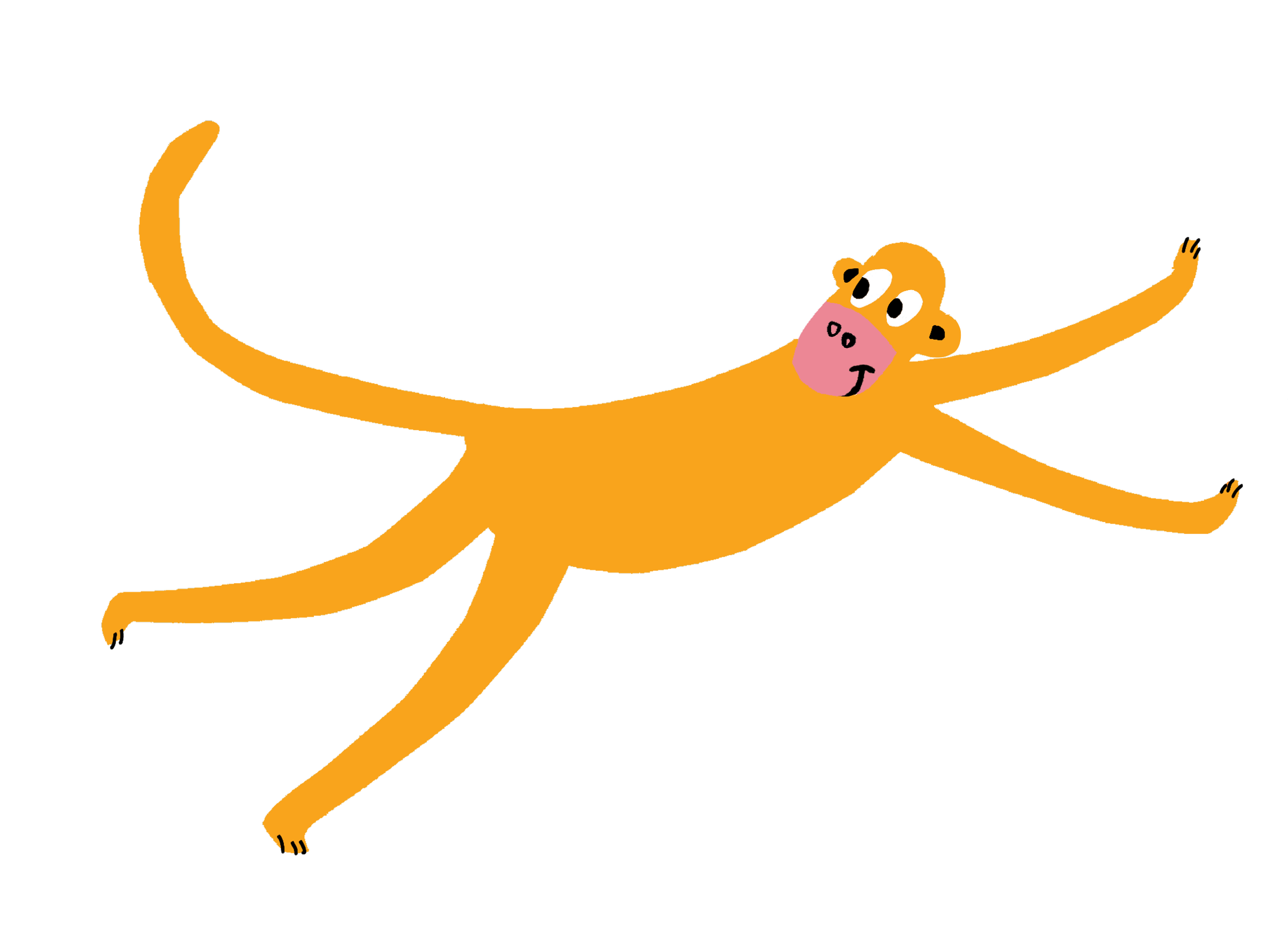 Cartoon illustration of a playful monkey with an orange body, pink face, and large eyes, stretching out its arms and legs.