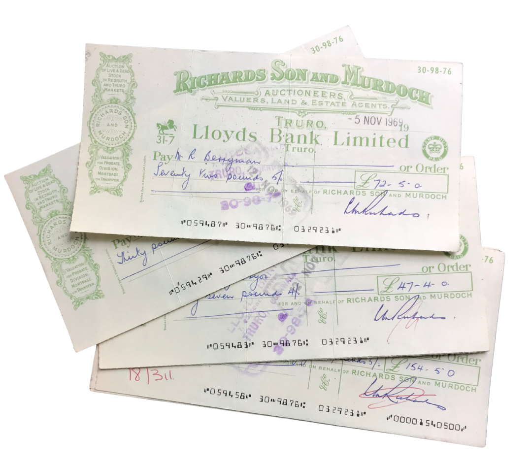 Three old cheques from Richards Son and Murdoch auctioneers, payable to Lily P. Septemberman, with handwritten amounts and signatures.