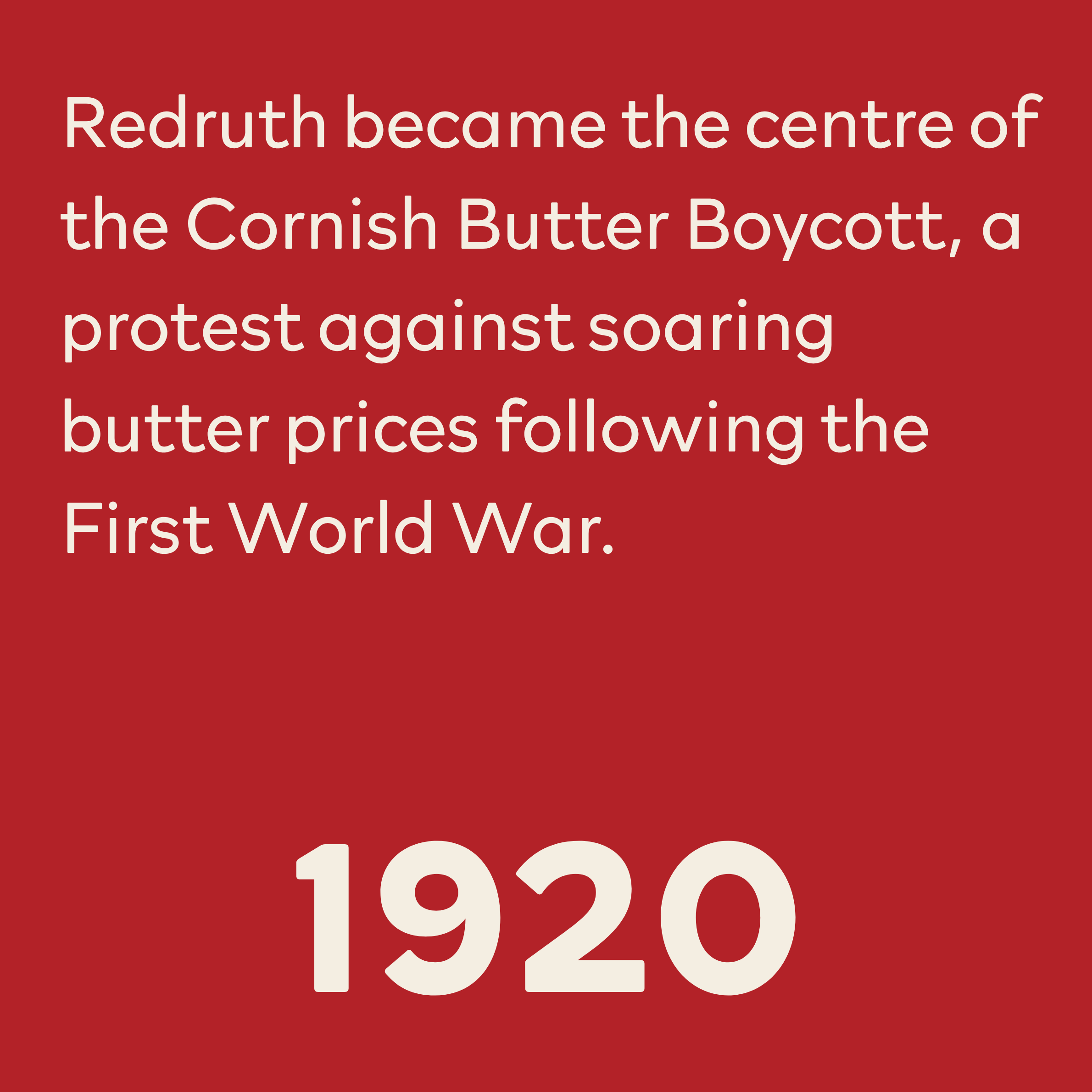 Red background with white and bold text mentioning the central role of red rutfh in the Cornish Butter Boycott and the impact of soaring butter prices, along with a partial view of white text and numbers at the bottom.