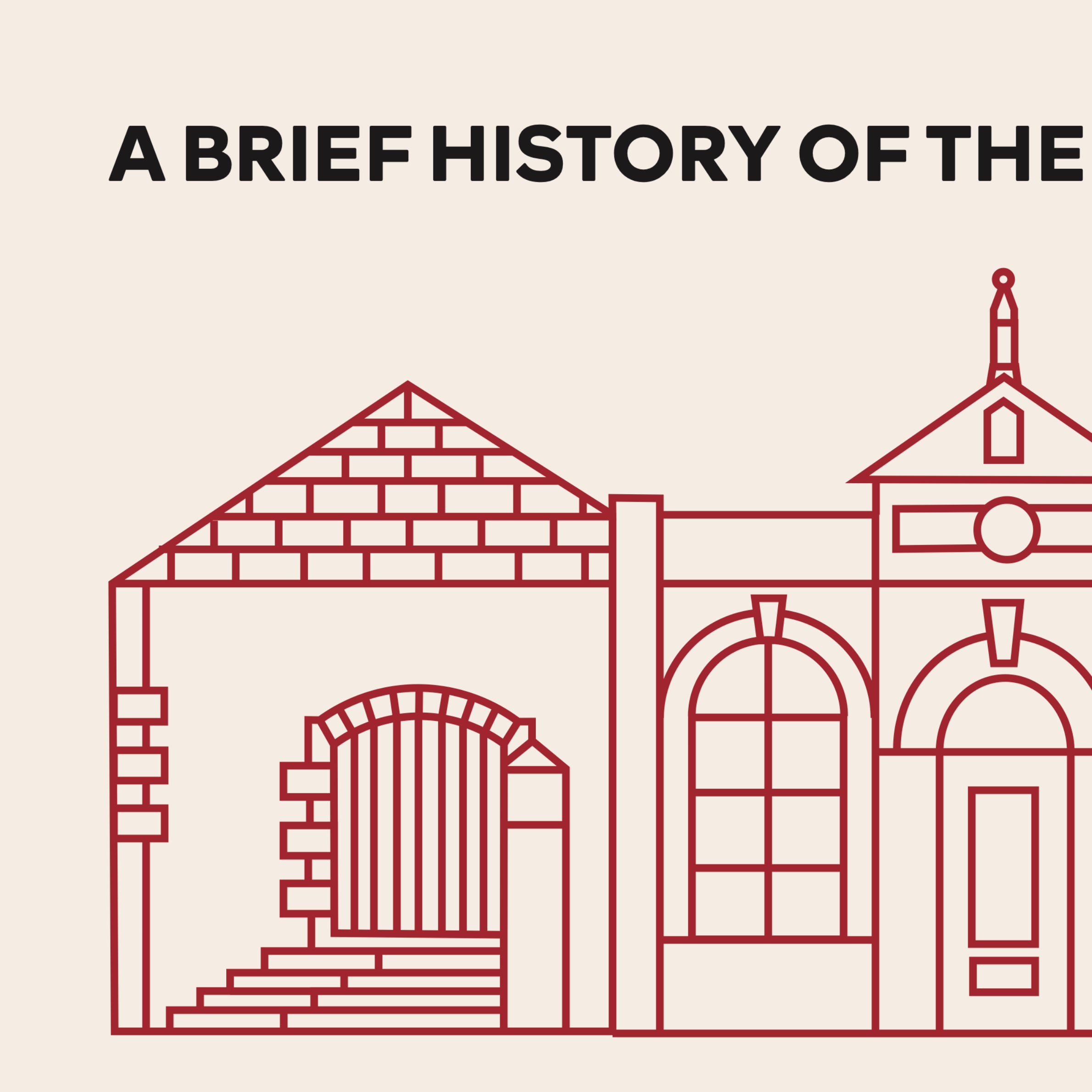Illustration of a historic building with a brick roof and a steeple.