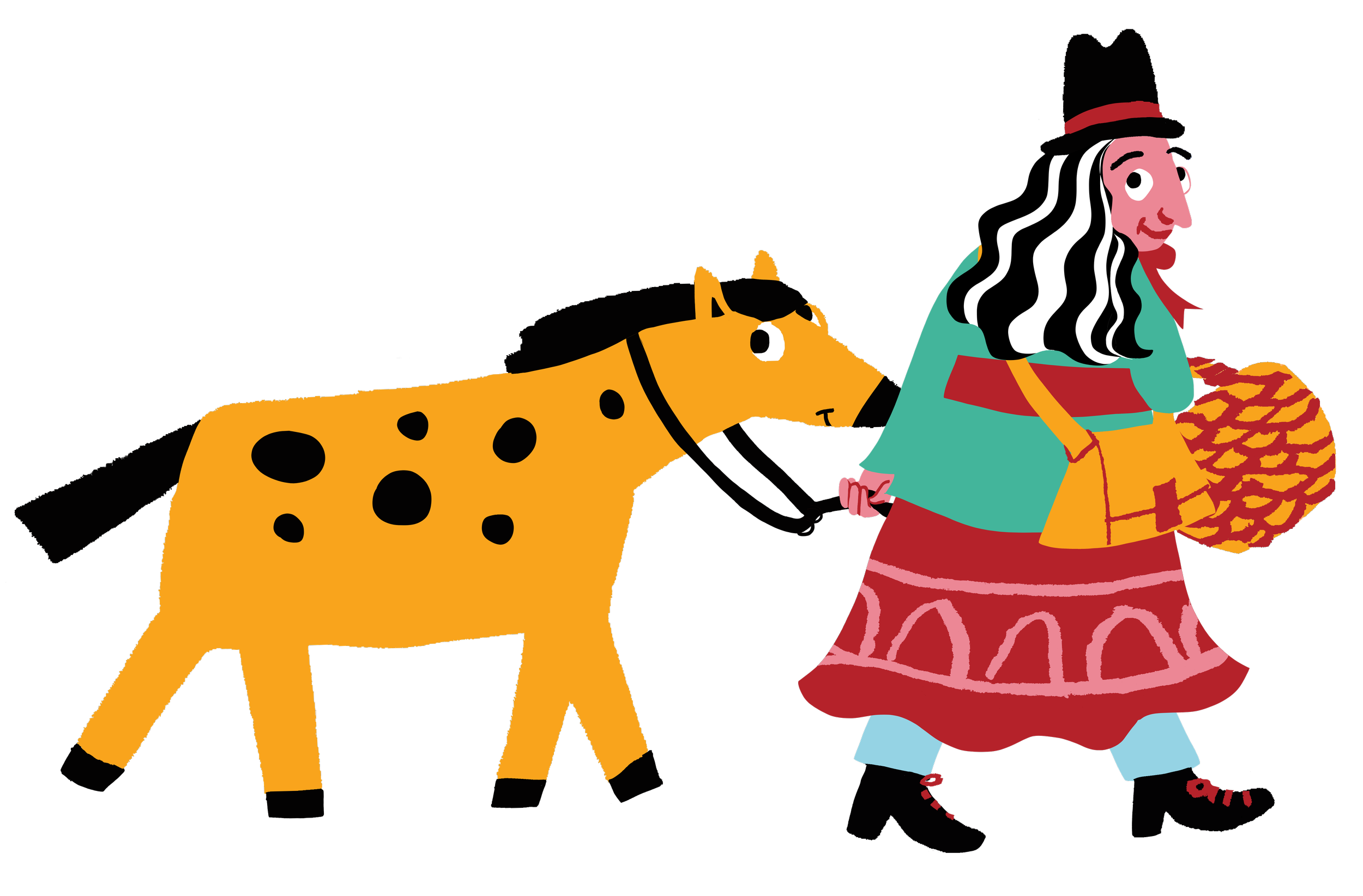 Illustration of a woman with long black and white hair, wearing a teal dress with a red apron and a red and black hat, standing next to a spotted orange and black dog.