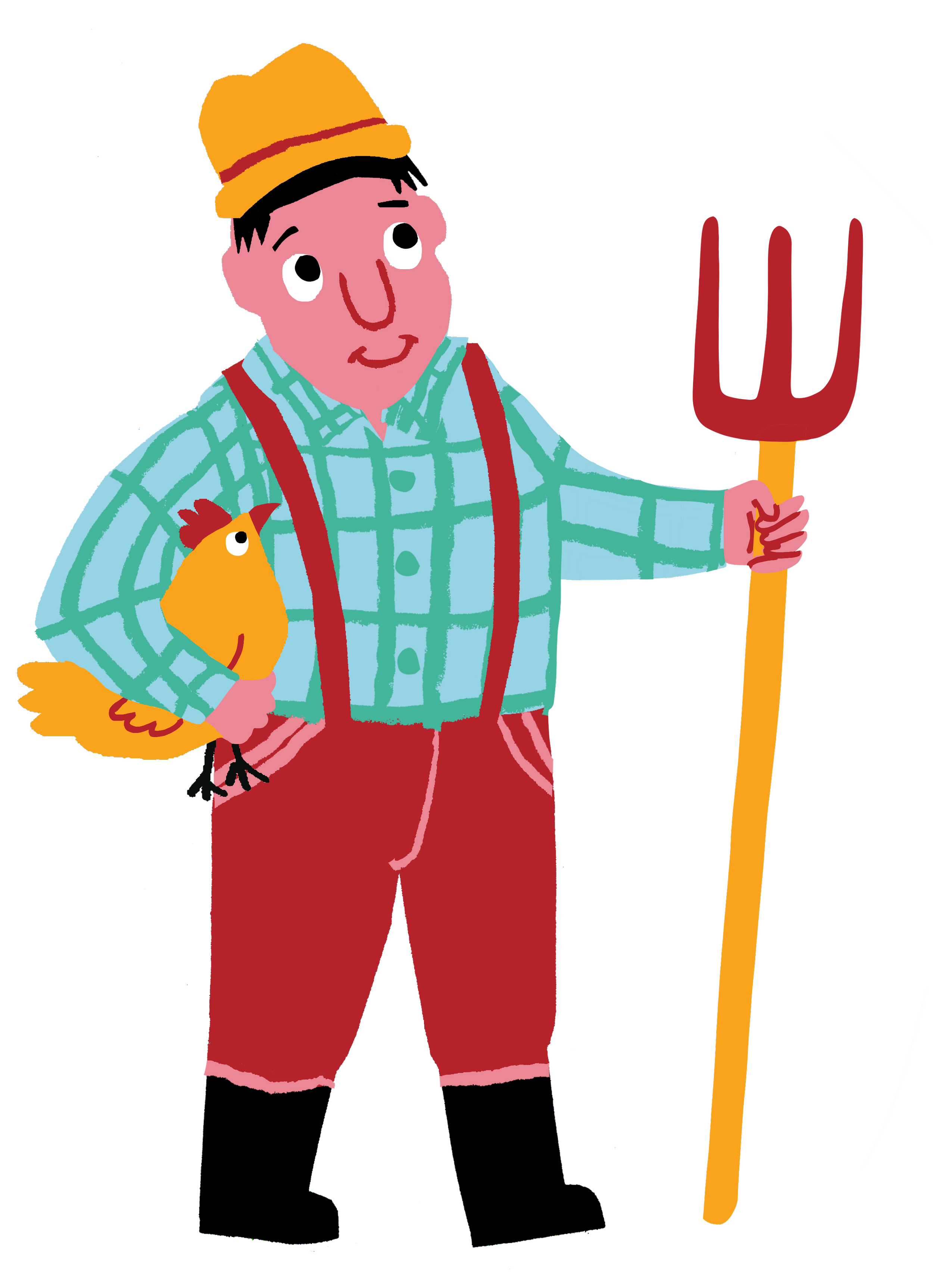 A cartoon boy wearing a yellow hat, checkered shirt with suspenders, red pants, and holding a chicken in one arm while holding a pitchfork in the other. The boy has a cheerful expression.