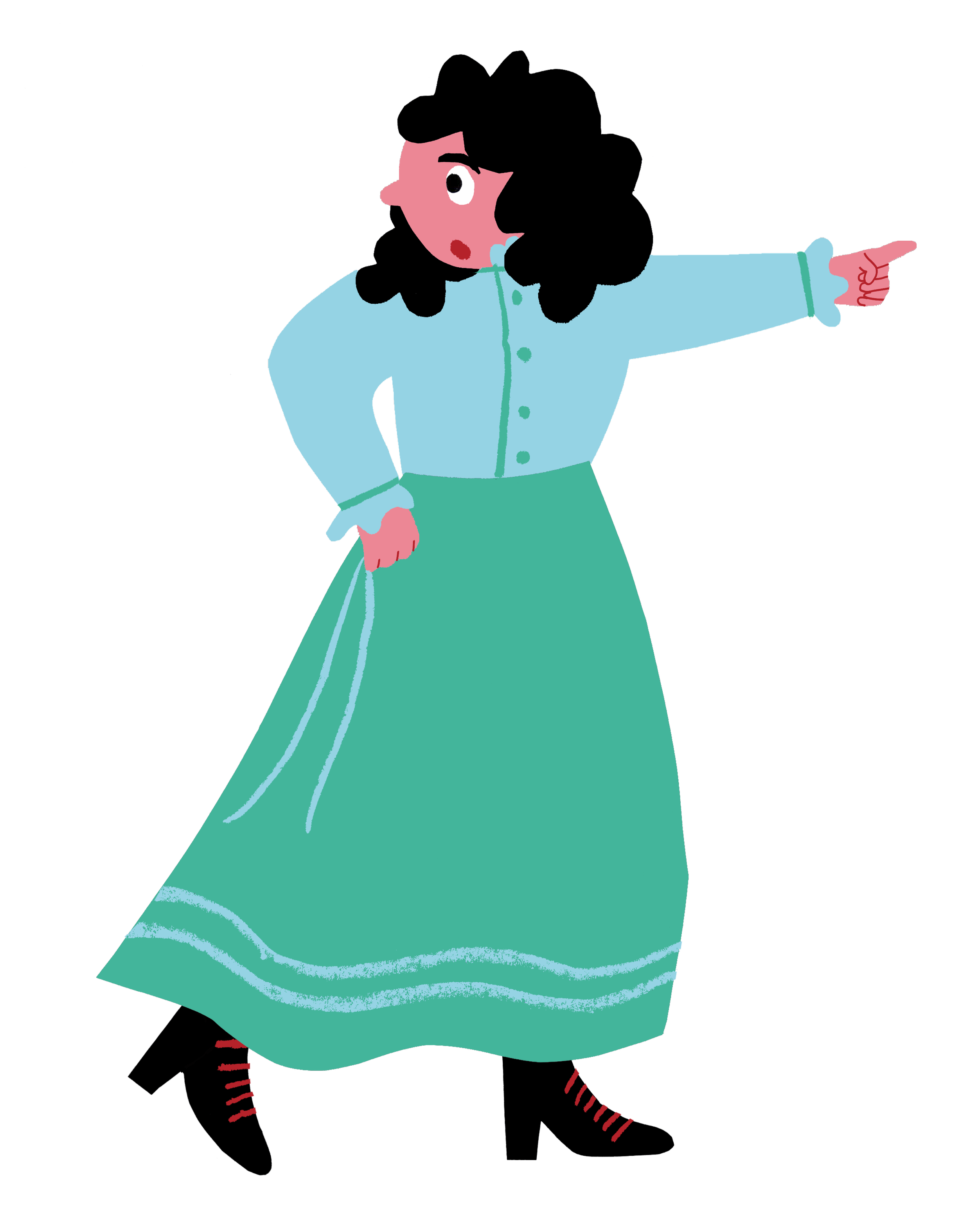 Cartoon girl with black curly hair wearing a blue shirt and long green skirt, pointing to the right with her left arm.
