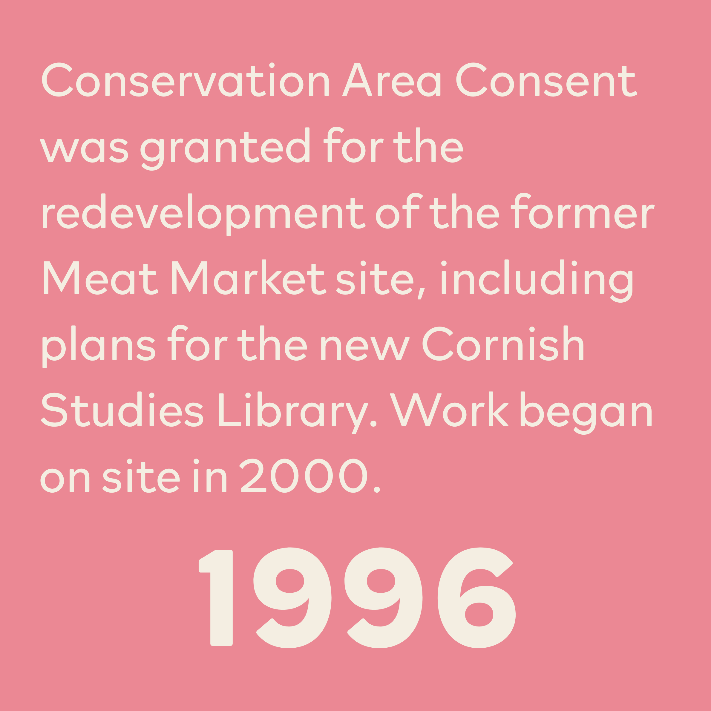 Pink background with white text mentioning conservation, redevelopment, market site, library, studies, and workshop.