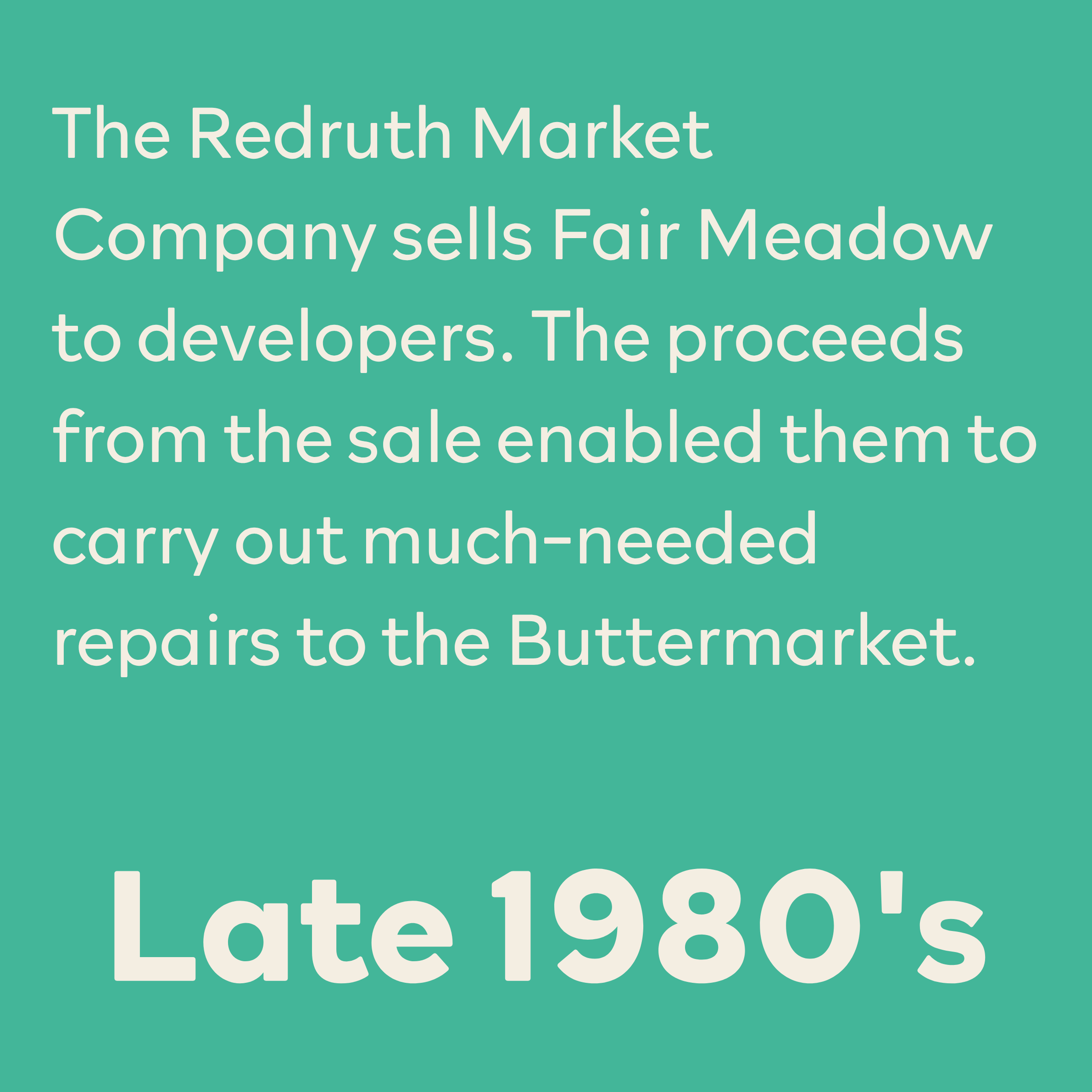 Text announcing a sale, indicating the Redruth Market company is selling Fair Meadow items, with details about other sales and repairs to be conducted at the Buttermarket.