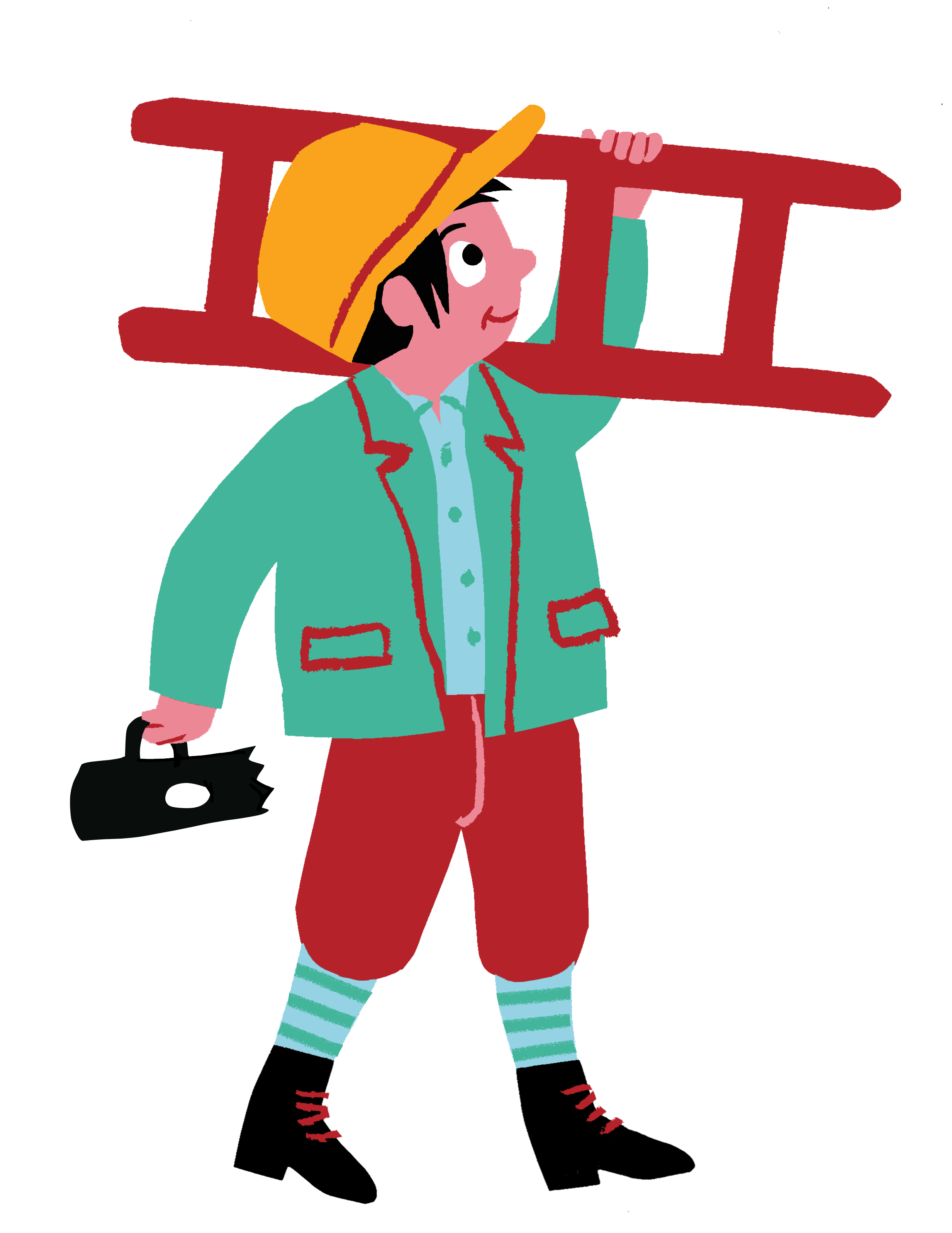 A cartoon boy dressed as a traveler, holding a red airplane overhead, wearing a yellow hat, teal jacket, red pants, striped socks, and black shoes.