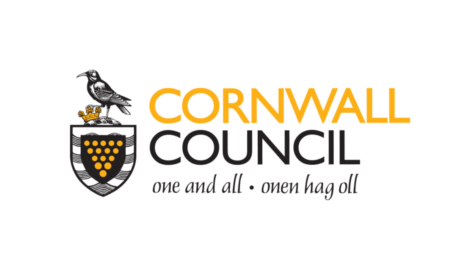 Logo of Cornwall Council featuring a crow on a shield with a honeycomb pattern, and the text 'CORNWALL COUNCIL' in yellow and black, with the slogan 'one and all • omwen hag oll'.