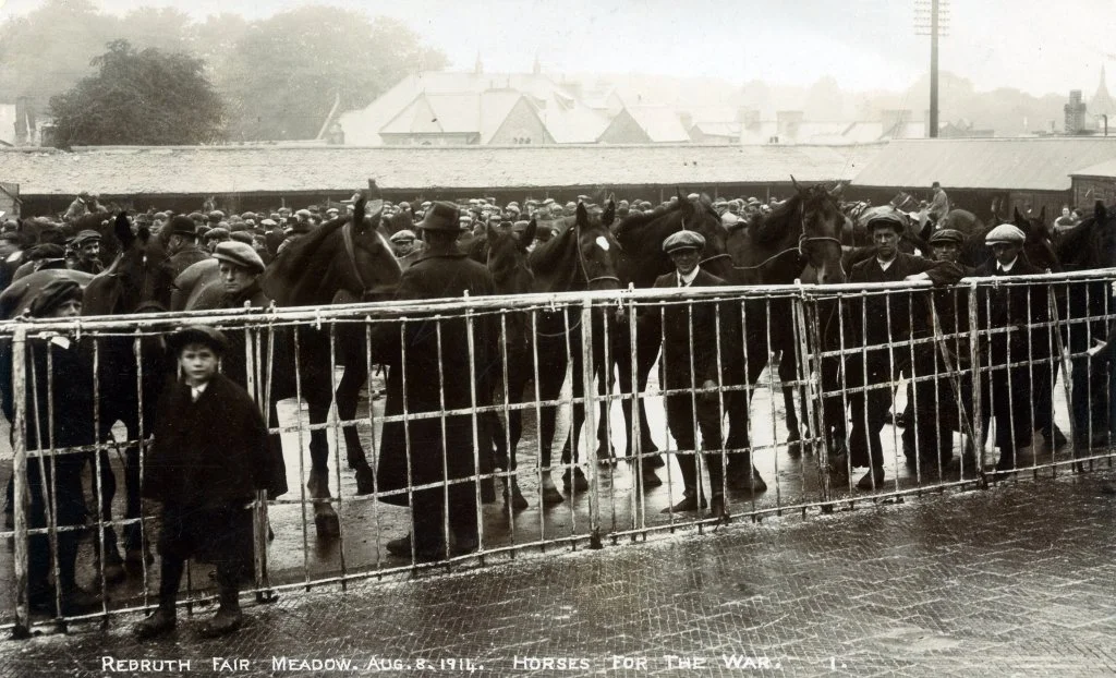 Black and white photograph of horses and people at the Rebirth Fair Meadow on August 8, 1914, with a fence in the foreground and buildings in the background.