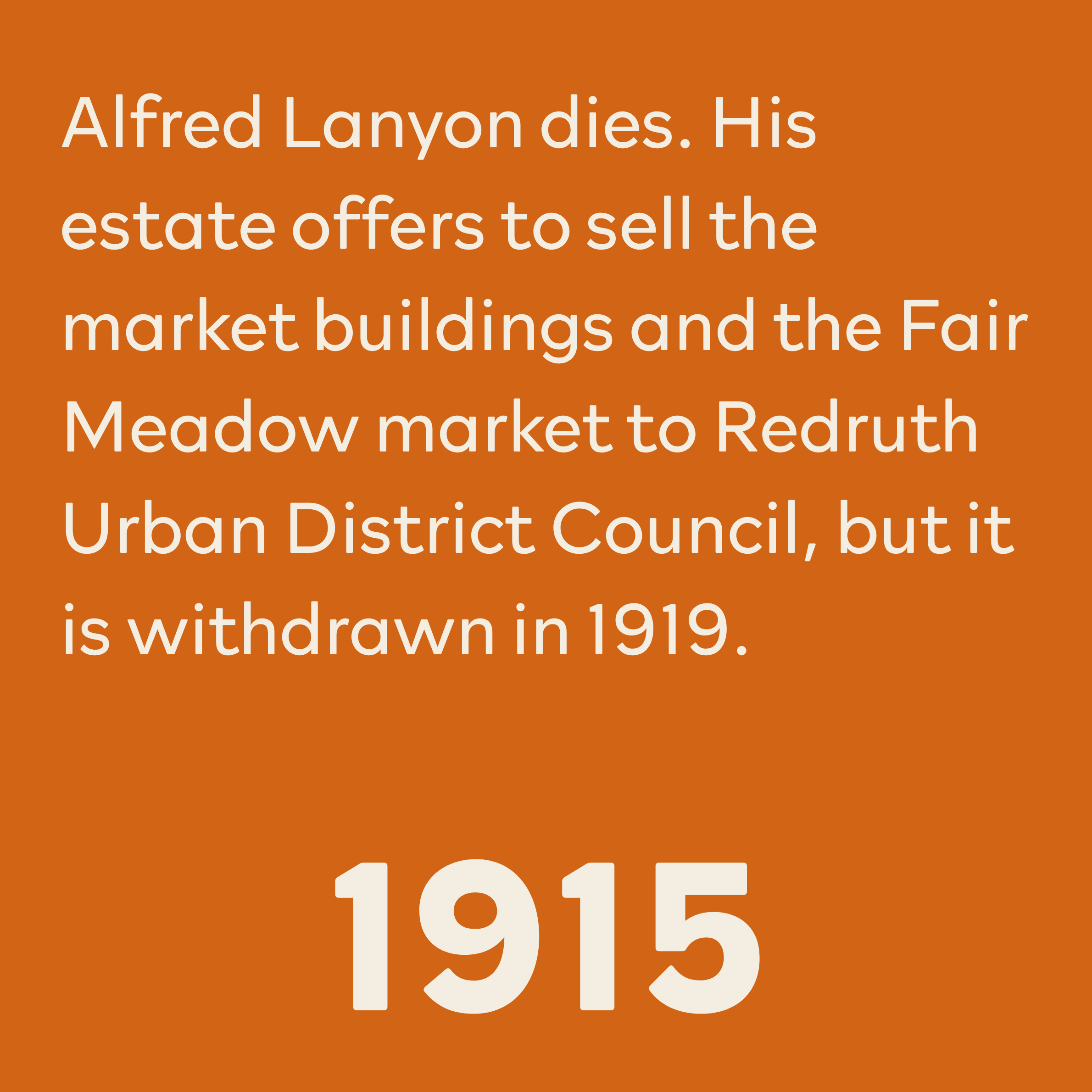 A large orange sign with white text announcing the death of Alfred Layon and details about estate sales and local government districts.
