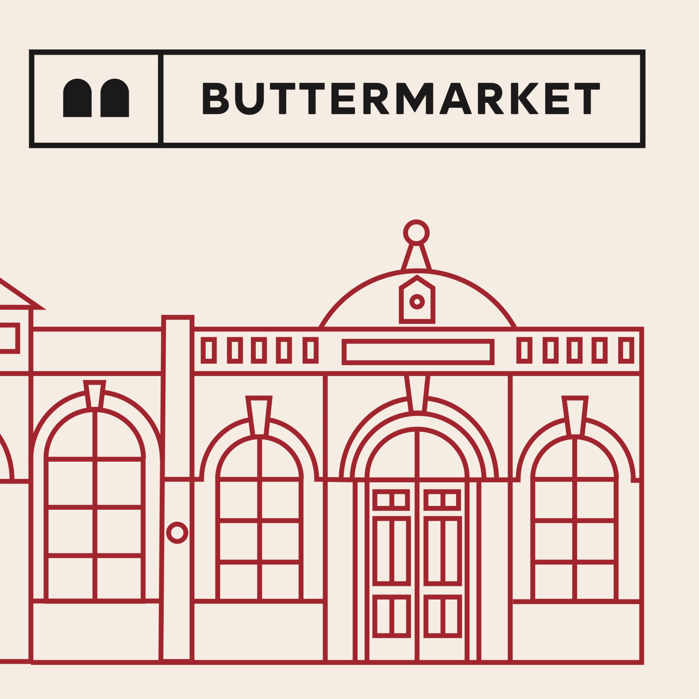 Line drawing of a building with the word 'BUTTERMARKET' in bold letters and an icon of two arches in a black rectangle.