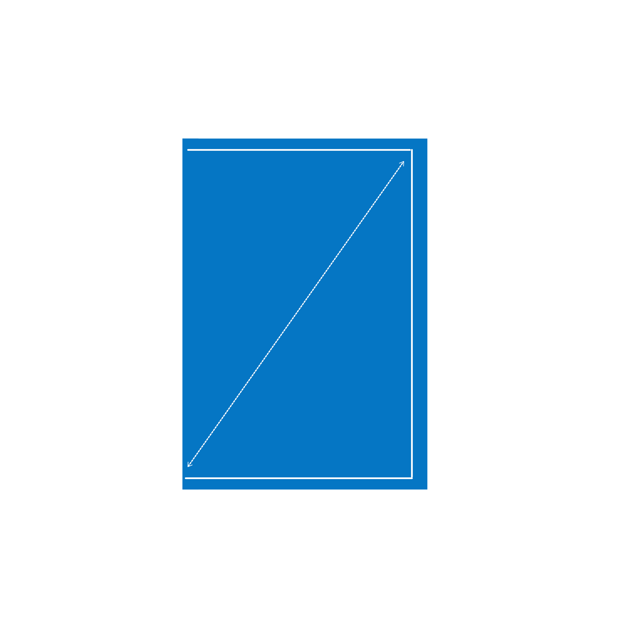 Blue rectangular box with a white border and a diagonal dashed arrow inside pointing upwards.