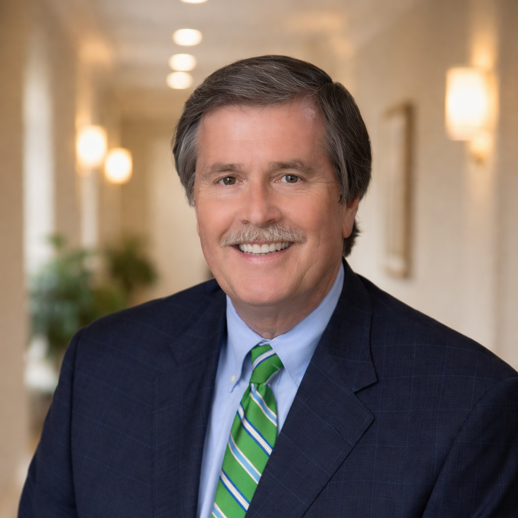 Portrait of a middle-aged man wearing a dark suit, light blue shirt, and a green striped tie, smiling in a well-lit corridor with warm lighting and blurred background.