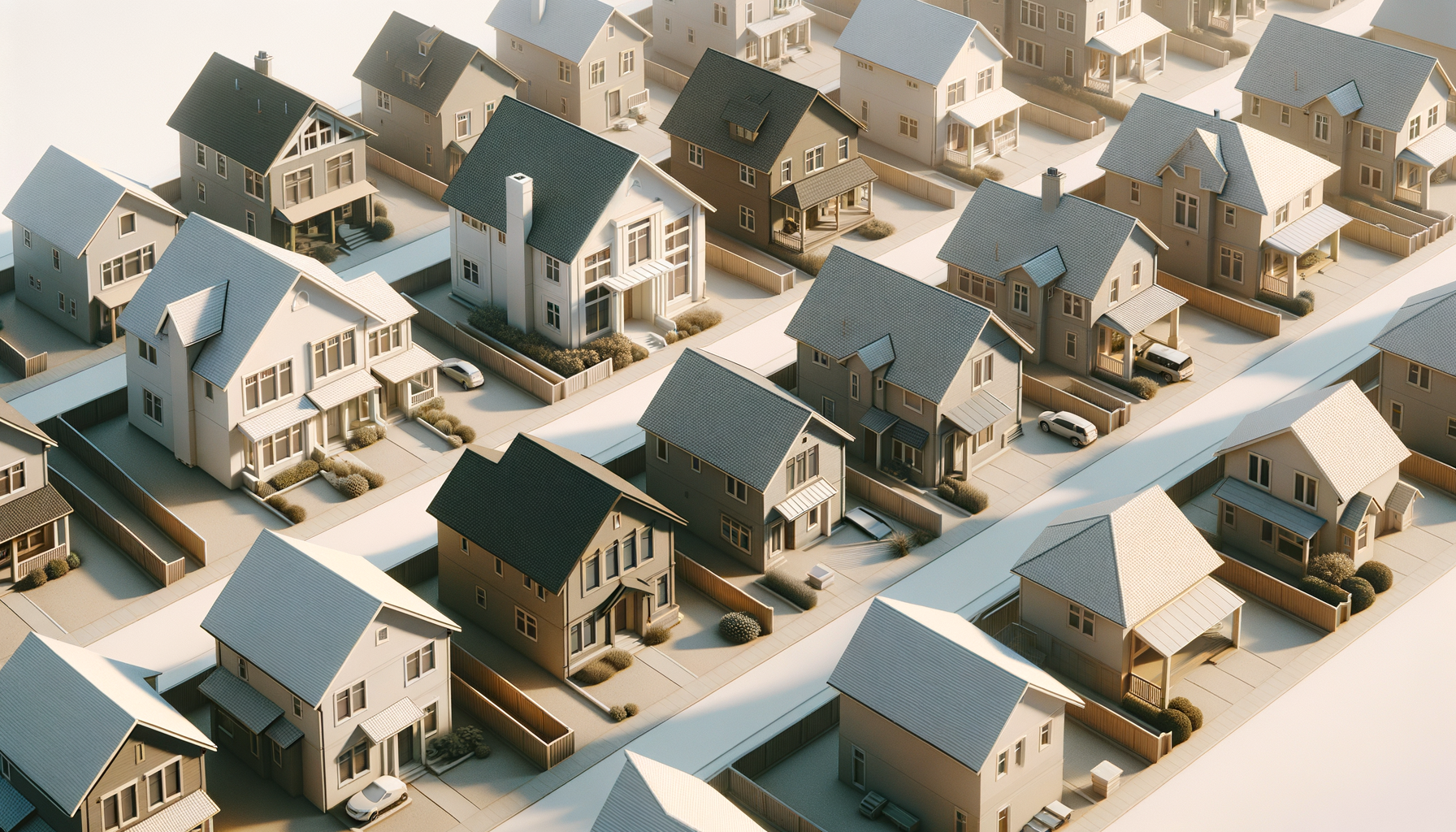 A 3D-rendered model of a neighborhood showing multiple single-family homes with yards and fences, landscaped with bushes and trees, in a grid layout with streets and parked cars.