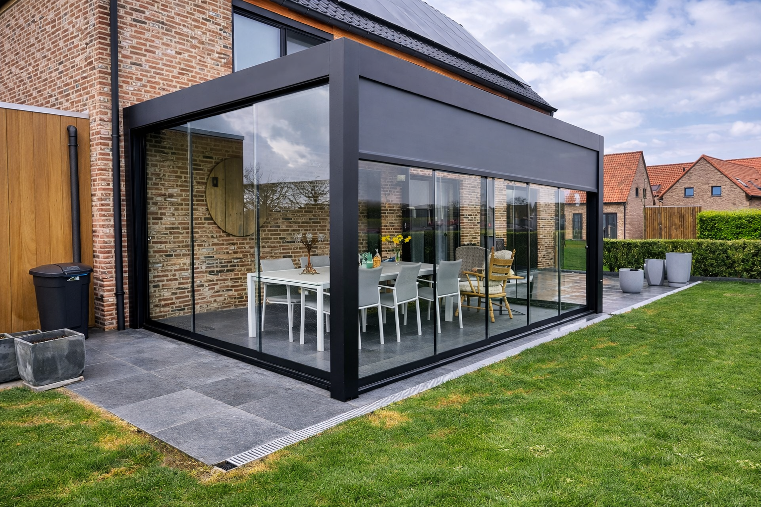 A modern greenhouse with black metal framing and large glass windows attached to a brick house, with a dining table and chairs inside, situated in a backyard with a grassy lawn, potted plants, and neighboring houses in the background under a partly c