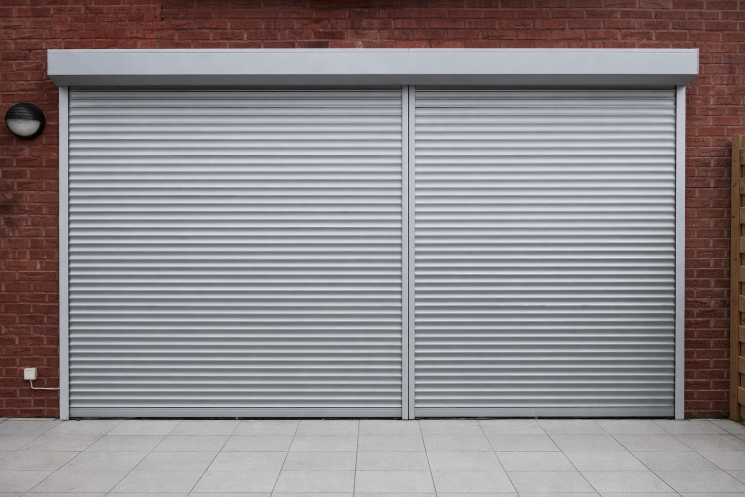 Closed silver metal roller garage door in front of a brick wall.