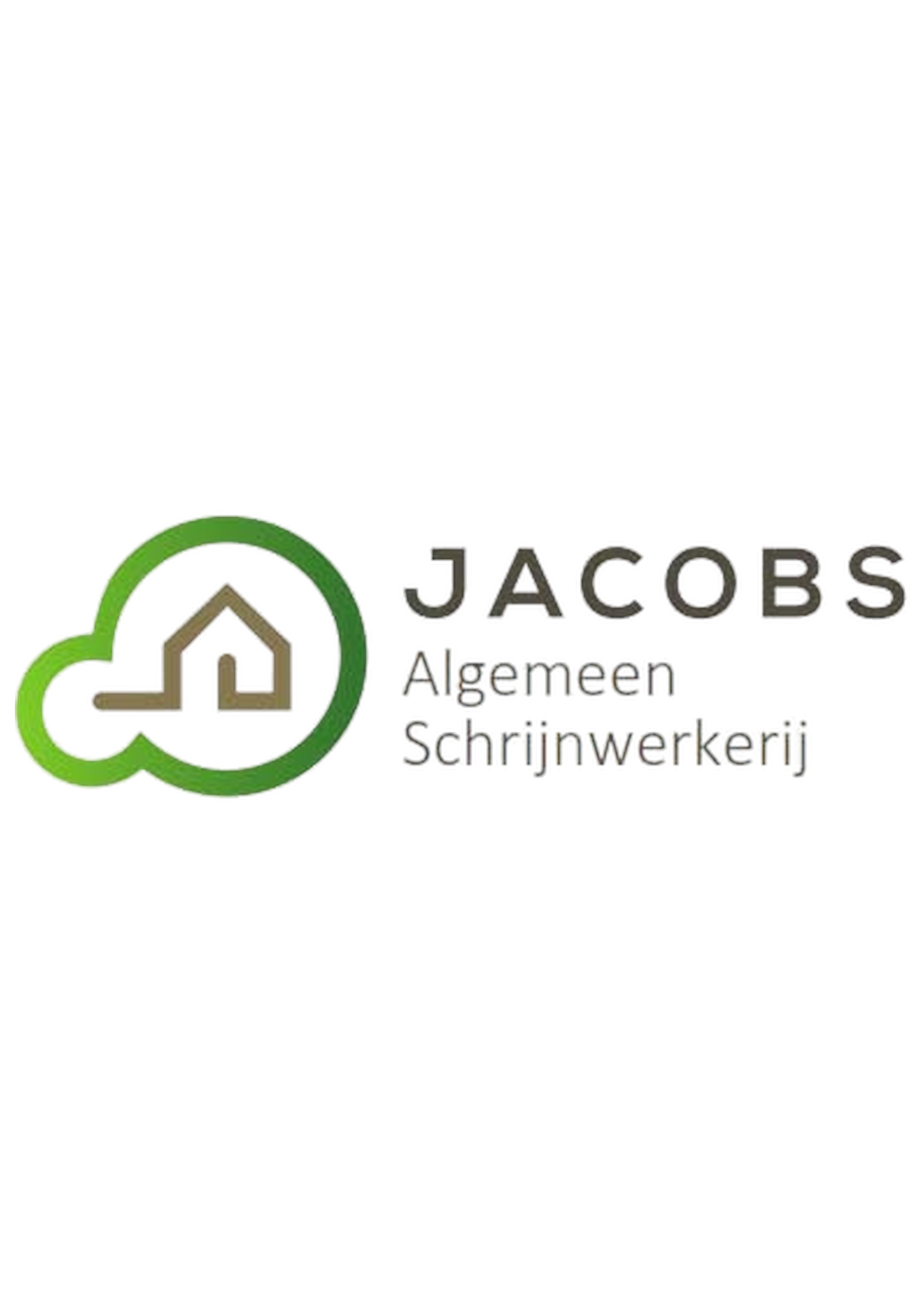 Logo with a green and brown house and cloud design, accompanied by the words "JACOBS," "Algemeen," and "Schrijnwerkerij".