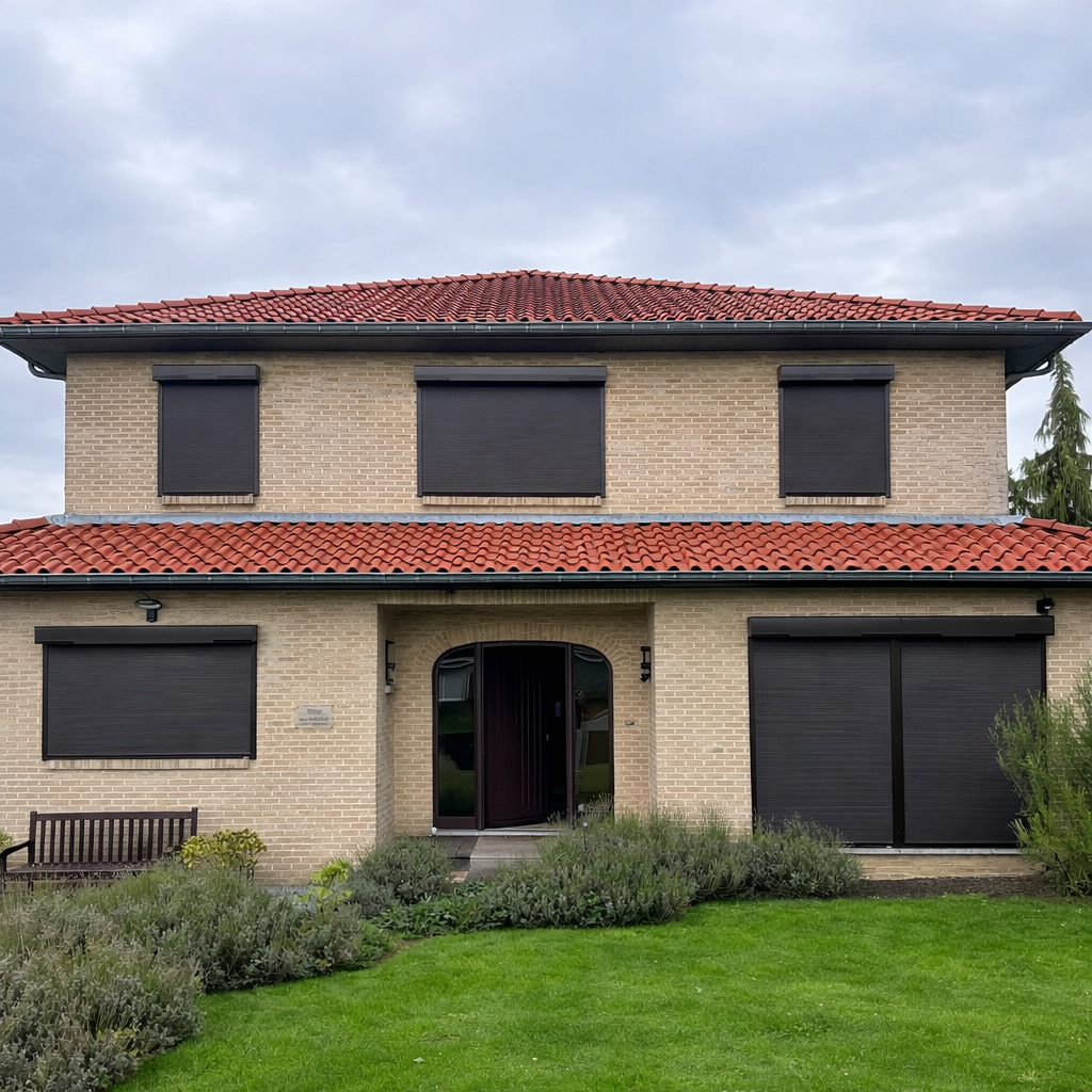 A two-story house with a brick exterior, red tiled roof, and black window shutters. The front yard has green grass, bushes, and a wooden bench near the house entrance.